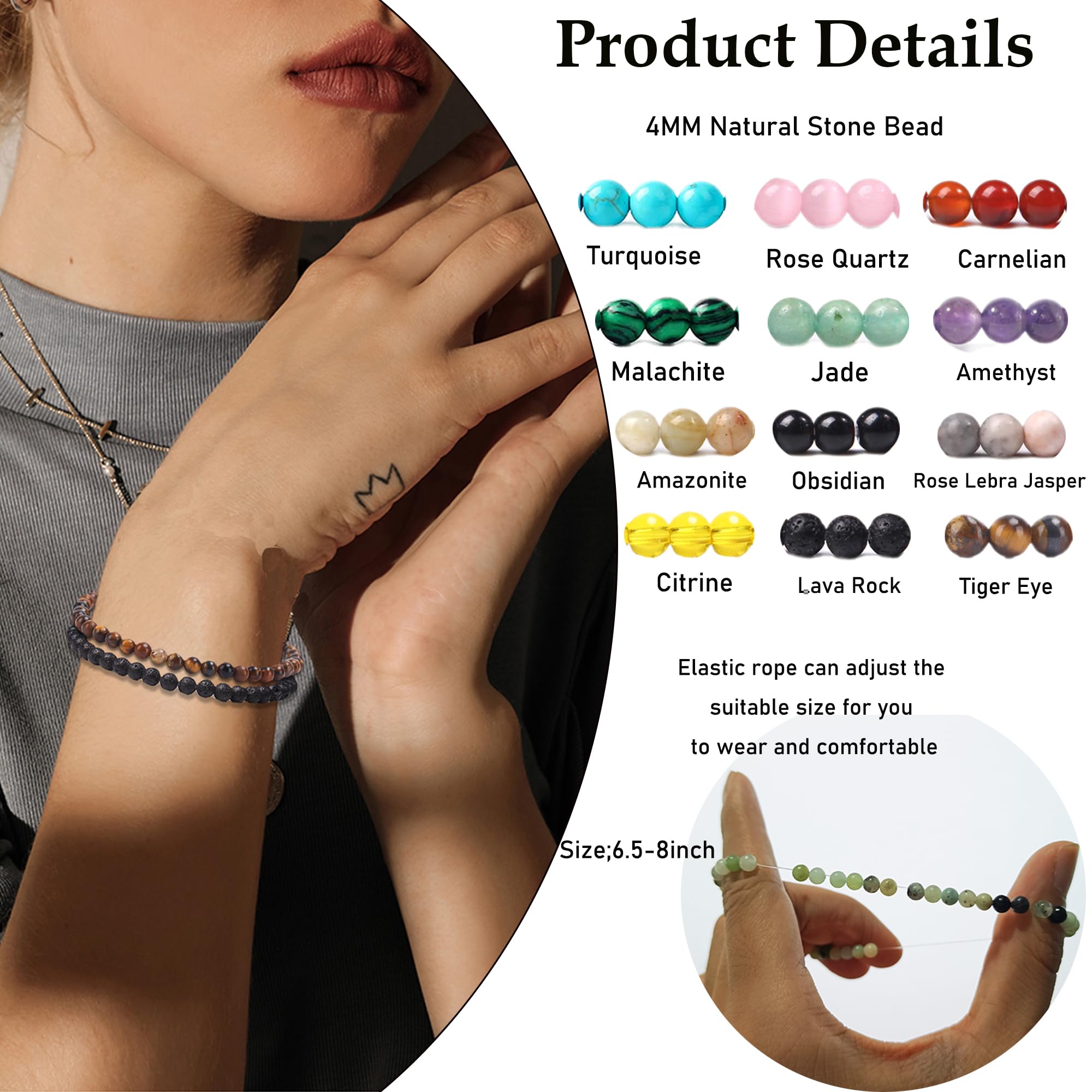 SONNYX 12PCS Natural Stone Bracelets for Women & Men - 4mm Crystal Beaded Stretch Bracelets with Semi-Precious Gemstones - Round Bead Yoga Meditation Jewelry for Spiritual Healing & Fashion Accessories