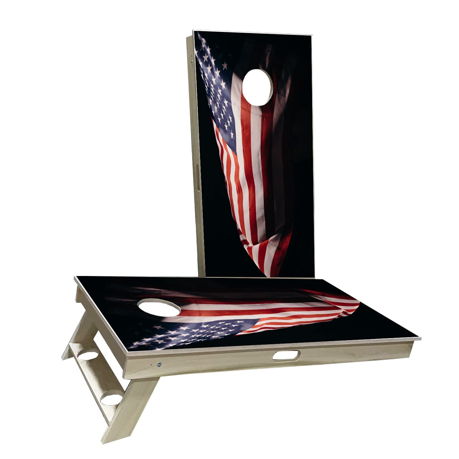 Skip's Garage American Flag Cornhole Board Set - 2 Boards & 8 Bags - Dark Theme Outdoor Game for Backyard, Tailgating, BBQ Parties - Choose Your Size & Accessories