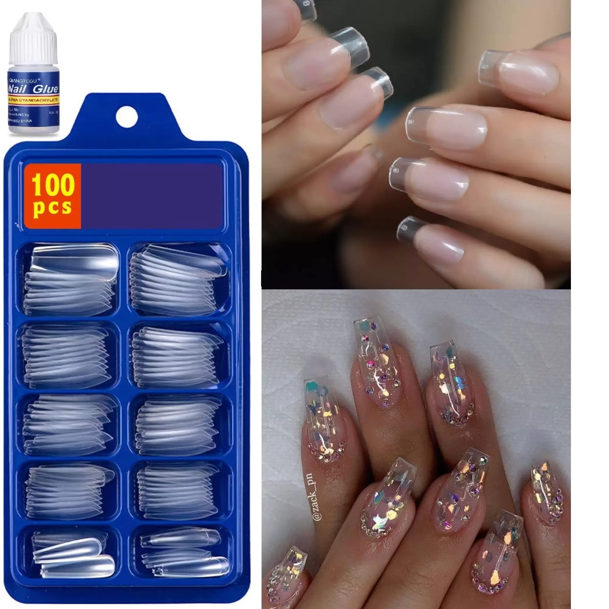 ENIVO 100-Piece Reusable Transparent Fake Nails Set - Lightweight & Durable Press-On Nails for Easy Application & Removal | Perfect for Weddings, Parties, Halloween & Special Occasions | Natural-Looking Artificial Nails for Daily Wear & Nail Art