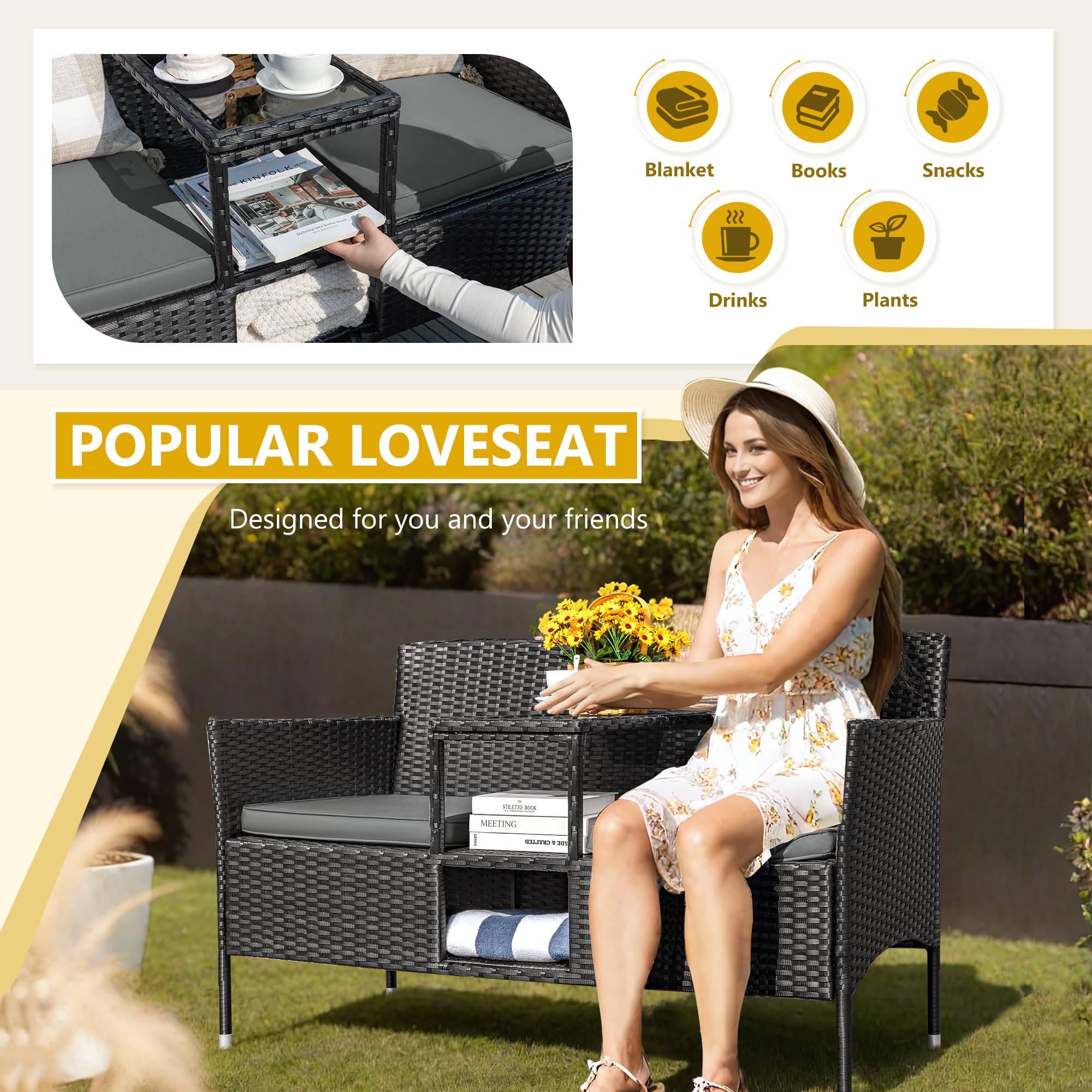 Modern Rattan 2-Seat Patio Loveseat with Cushions & Built-in Coffee Table - Outdoor Conversation Set for Garden, Lawn, Backyard, Porch - Weather-Resistant Grey Wicker Furniture for Relaxing & Entertaining