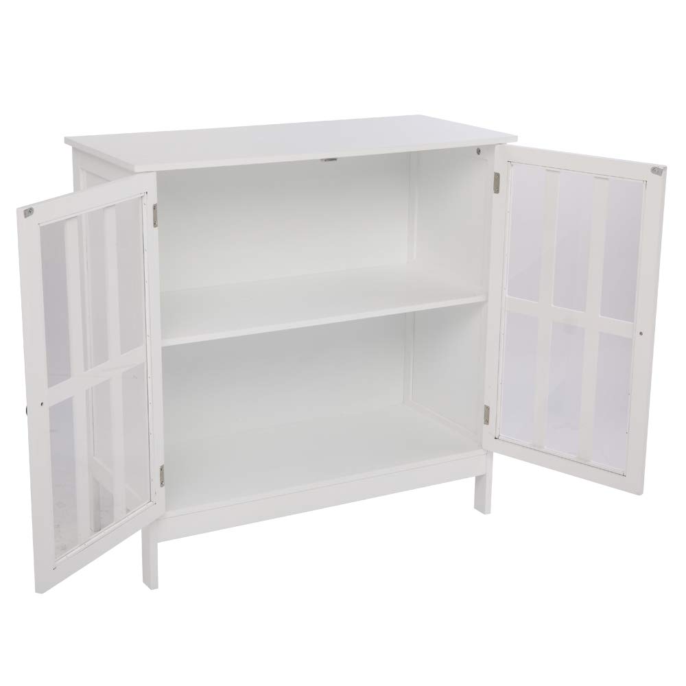 White Wooden Storage Sideboard Buffet with Transparent Double Glass Doors - Kitchen, Dining Room & Hallway Cabinet for Home Storage & Display