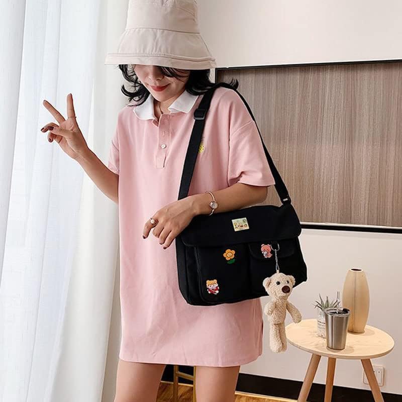 Stylish Canvas Crossbody Bag for Women & Girls - Cute Messenger Purse with Pins & Pendant - Fashionable Casual Shoulder Bag for School, Work & Travel