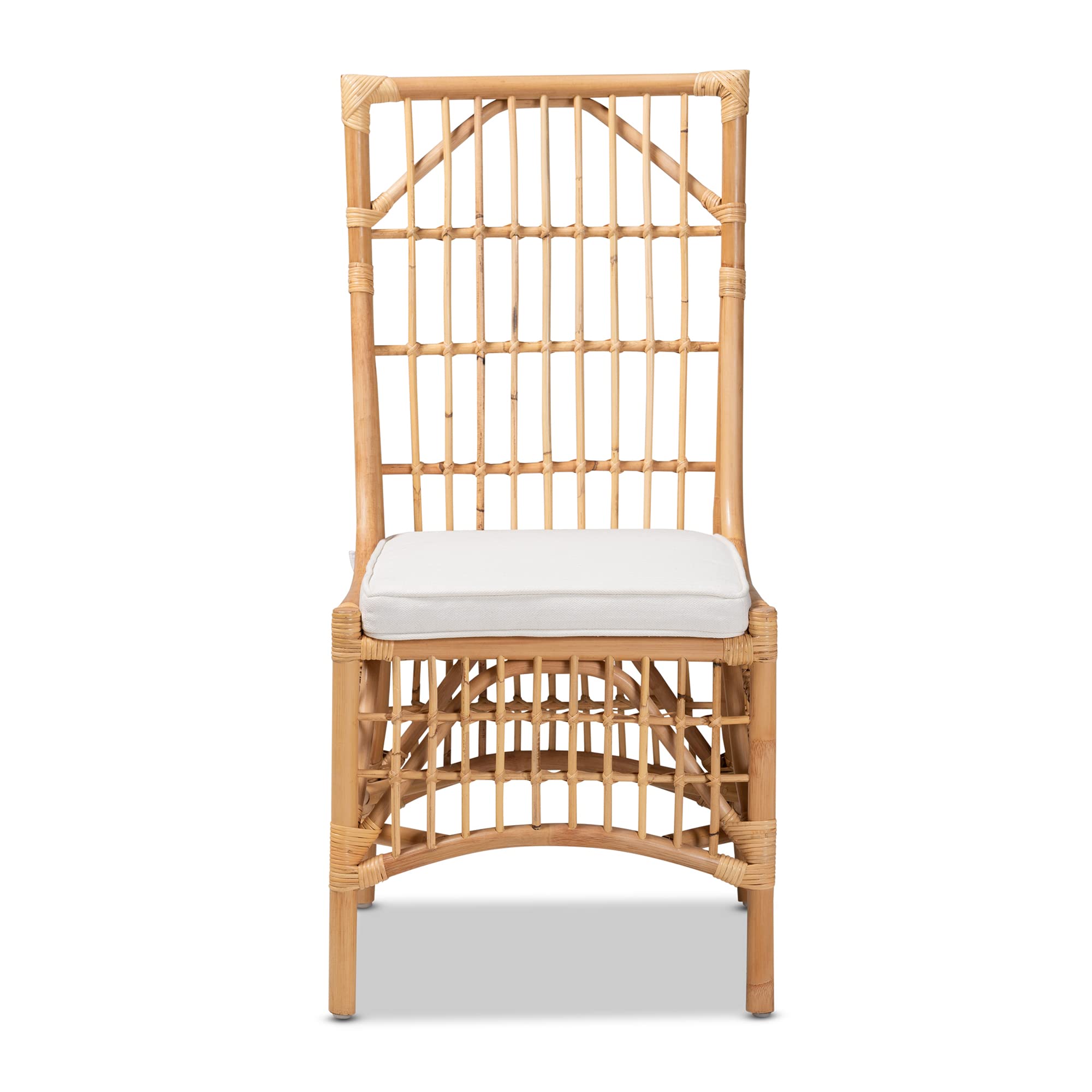 Baxton Studio Rose Dining Chair - White Fabric Upholstered with Natural Brown Rattan - Modern Farmhouse Dining Room Chair for Kitchen, Breakfast Nook, and Outdoor Patio