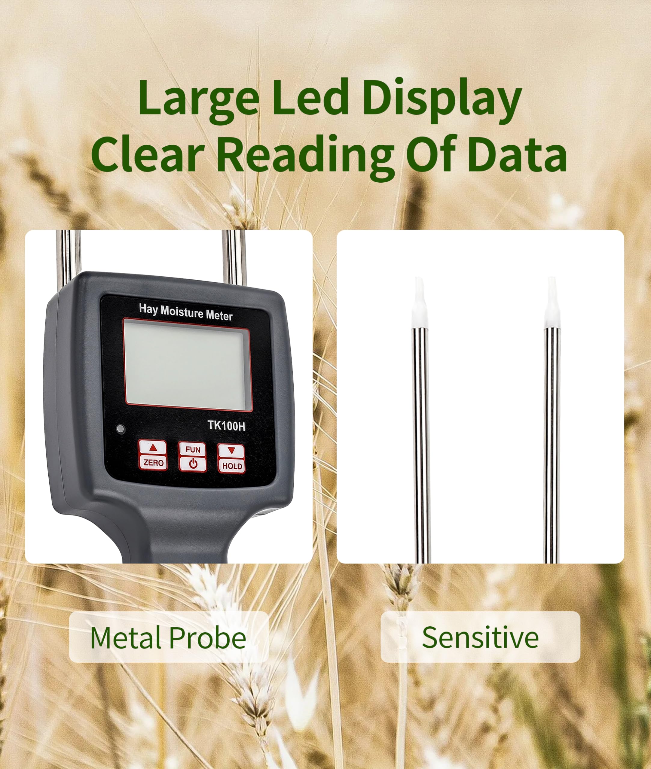 TK100H Portable Hay Moisture Meter with Probe - Fast & Accurate Forage Tester for Cereal, Straw, Grass, Alfalfa & Leymus | Ideal for Farm, Ranch & Feed Quality Control