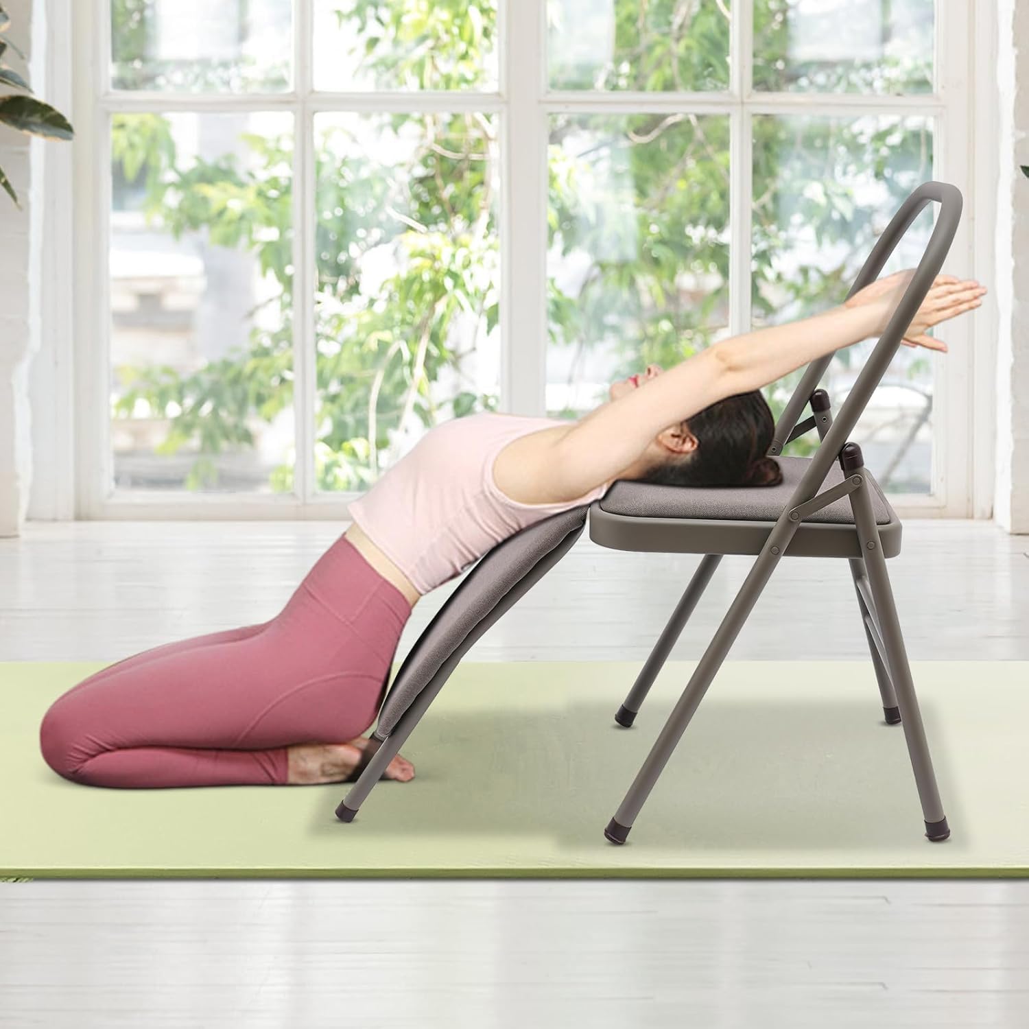 Foldable Yoga Chair with Lumbar Support - Metal Folding Balance Chair for Yoga Practice, Handstand Training & Home Workouts | Grey Yoga Equipment for Beginners & Professionals