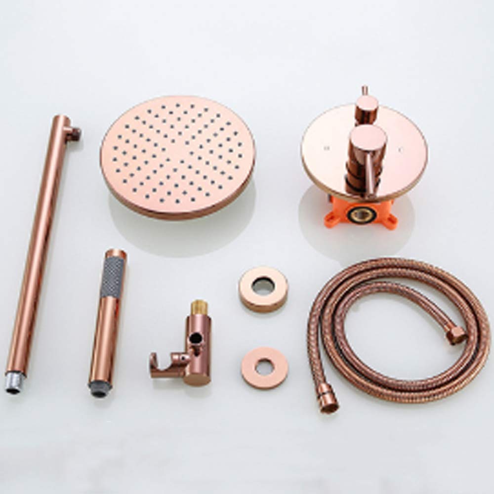 CHLDDHC Rose Gold Rain Mixer Shower Combo Set - Wall Mounted Bathroom Faucet with Round Rainfall Shower Head & Handheld Shower - Built-in Valve Box - Perfect for Modern Master Bath & Spa-Like Shower Experience