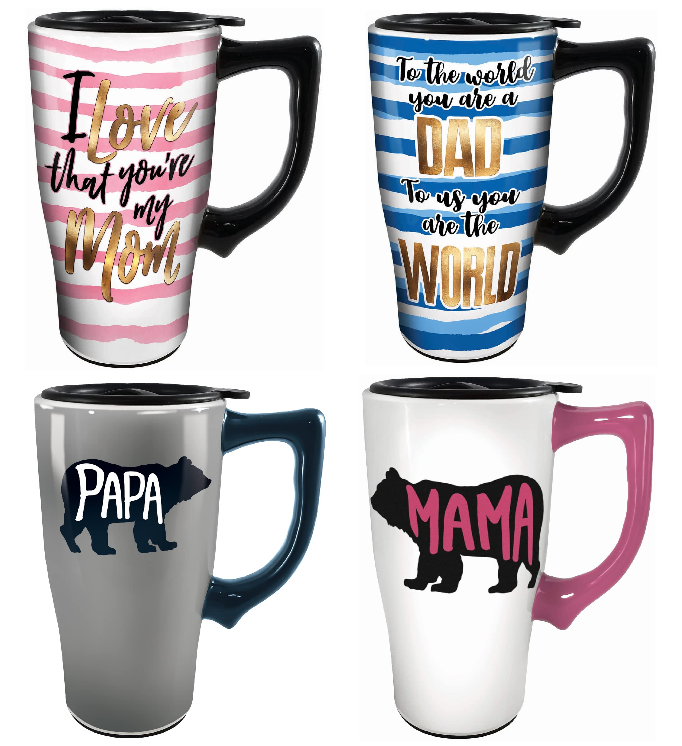 Mozlly Mama and Papa Ceramic Travel Mug Set of 4 – Insulated Blue & Pink Coffee Cups with Lids & Handles, 18oz BPA-Free Travel Mugs for Hot & Cold Beverages – Perfect for Commuting, Office, Camping & Road Trips