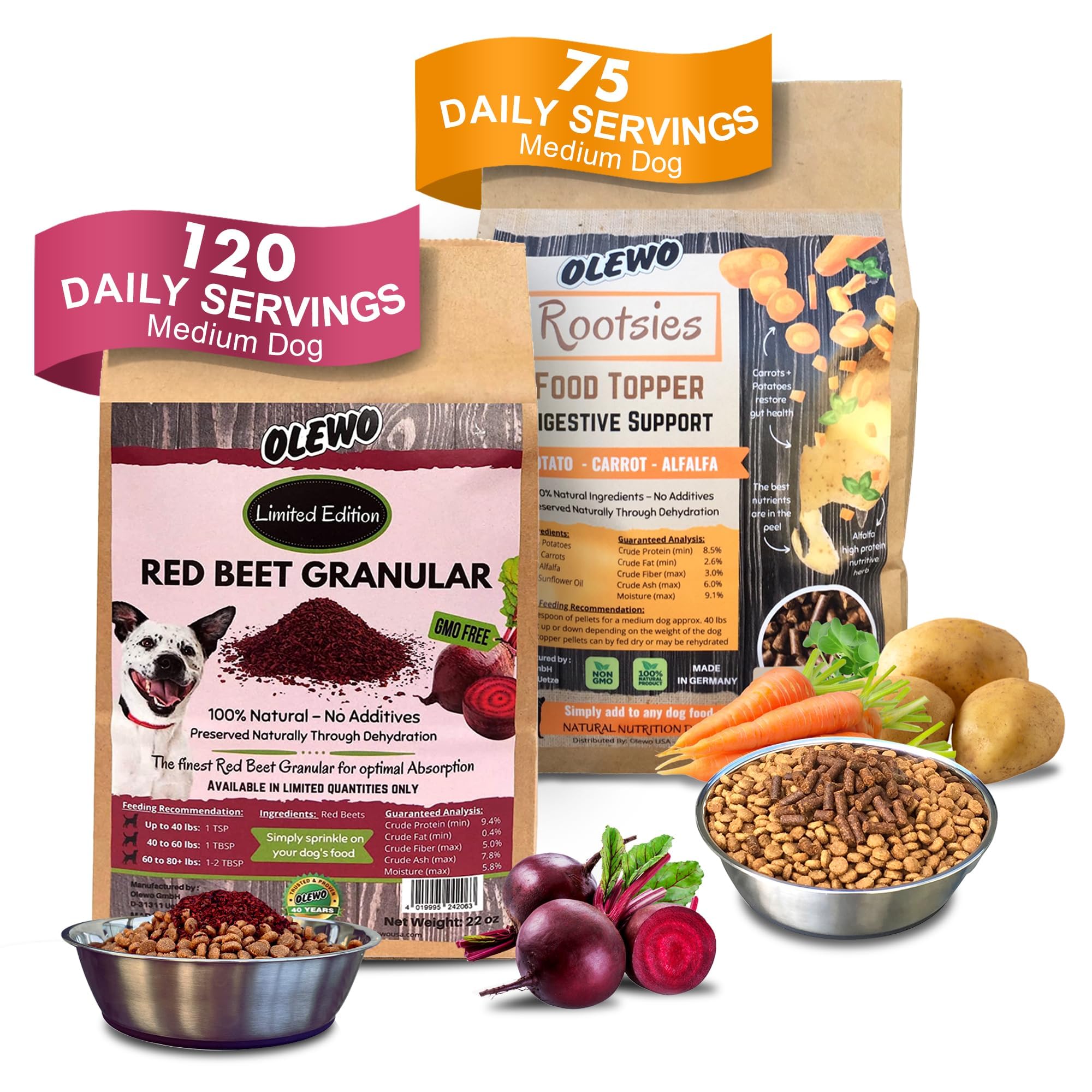 Olewo Dog Food Toppers Bundle - Rootsies & Red Beet Granules for Sensitive Stomach, Itch Relief, Skin & Coat Care, Gut Health & Fiber Support - 2.2 lbs + 22 oz - Perfect for Dogs with Allergies or Digestive Issues