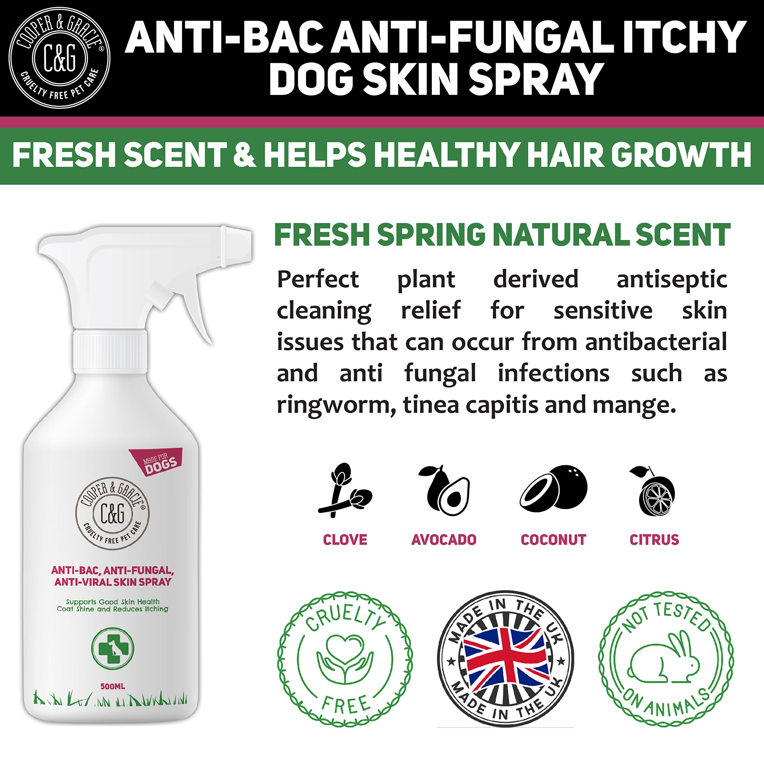 Cooper and Gracie Dog Itch Relief Spray - Antibacterial & Anti-Fungal Treatment for Itchy Skin | Fast-Absorbing 500ml Antiseptic Spray for Dogs | Soothes Skin Irritation & Hot Spots | Perfect for Allergy Relief & Post-Bath Care