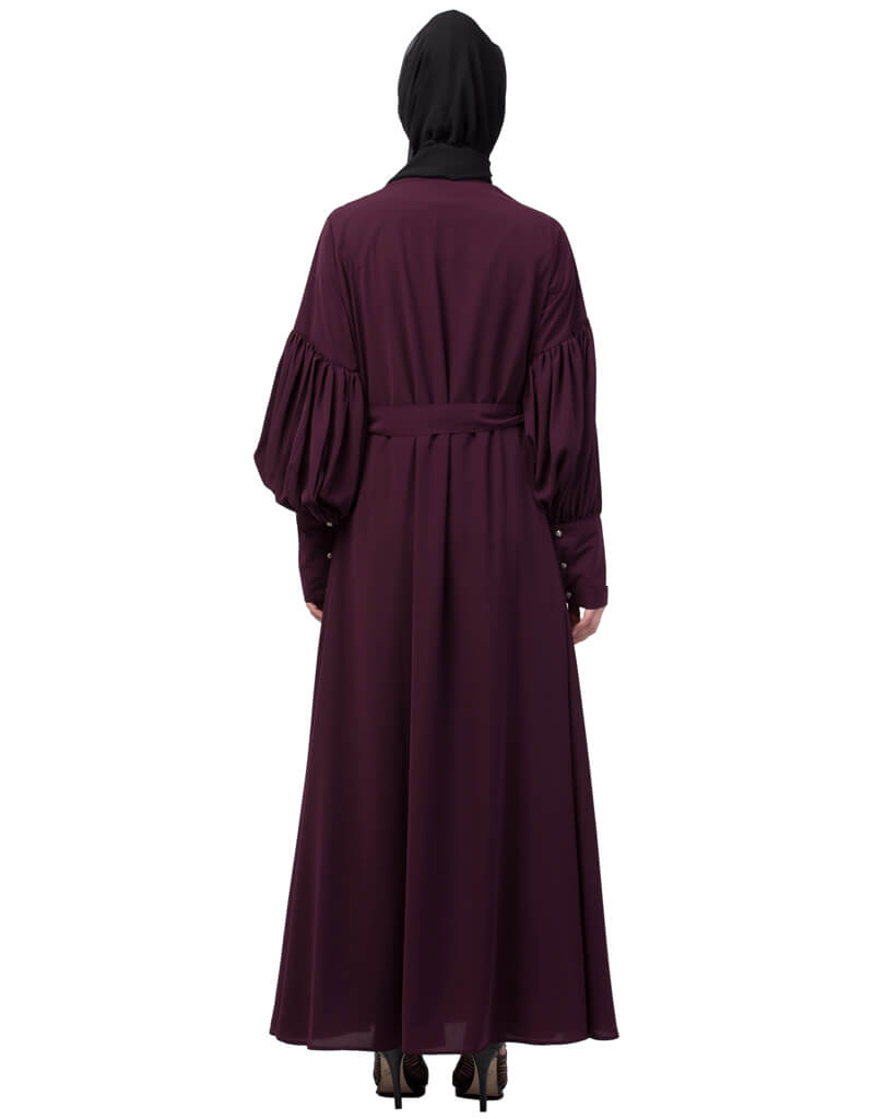 Elegant Arabic Long Cuff Full Balloon Sleeve Belted A-Line Abaya Dress in Wine Red - Perfect for Modest Fashion, Islamic Occasions & Special Events