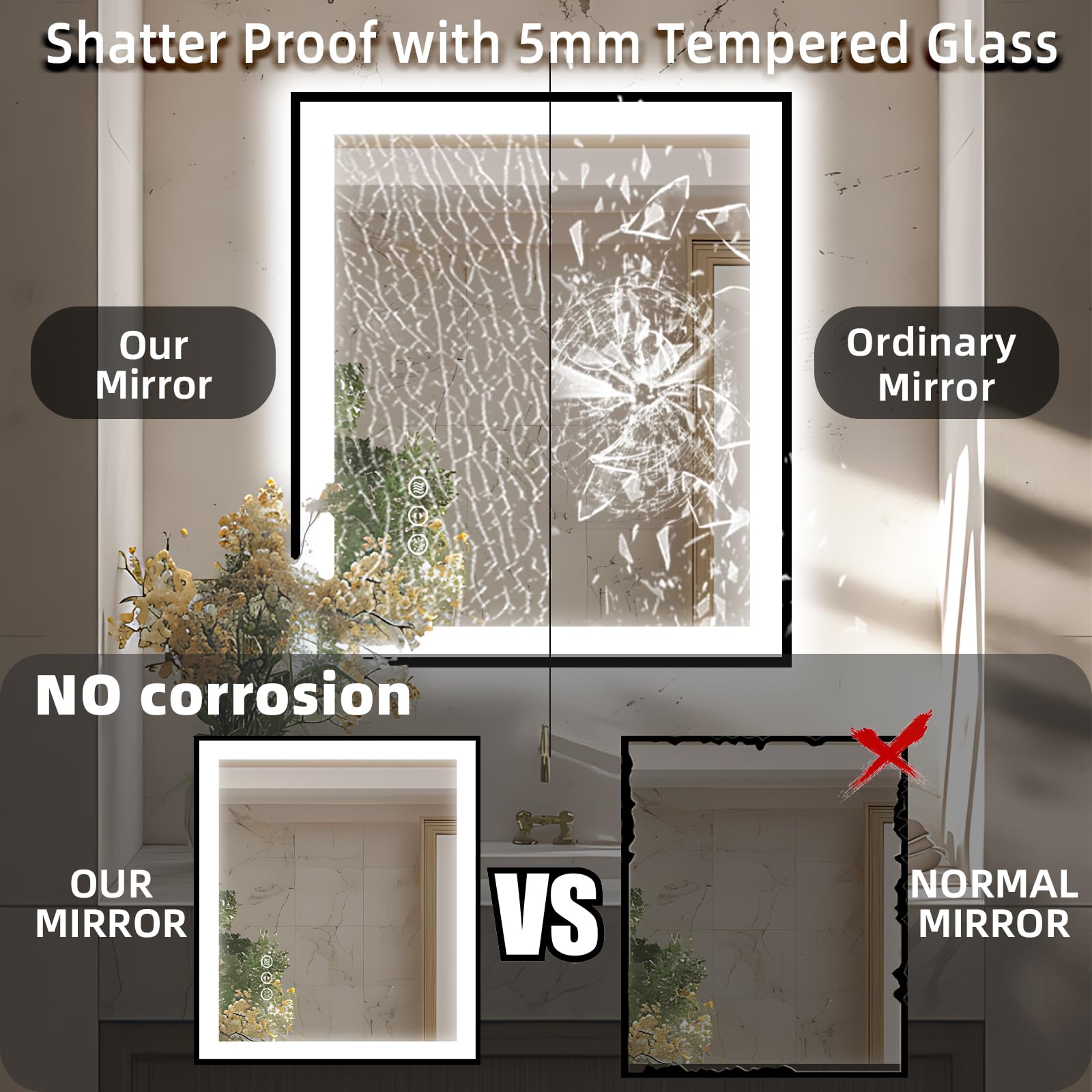 30x36 Inch LED Bathroom Mirror with Black Trim - Backlit & Front Lit Vanity Mirror, 3 Color Temperatures & Stepless Dimming (CRI90+), Anti-Fog, Shatterproof, Waterproof, Smart Touch Control - Perfect for Modern Bathrooms, Bedrooms, and Dressing Areas