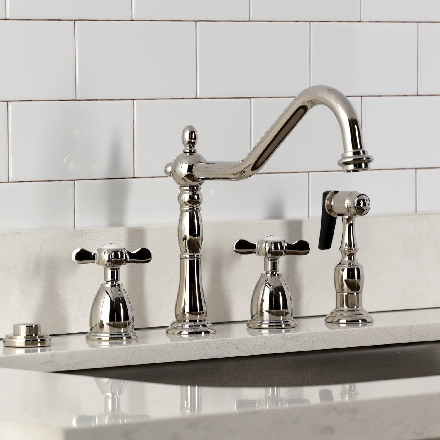 Essex Double Handle 4-Hole Widespread Kitchen Faucet with Brass Sprayer - Modern Brushed Nickel Finish for Farmhouse & Contemporary Kitchens