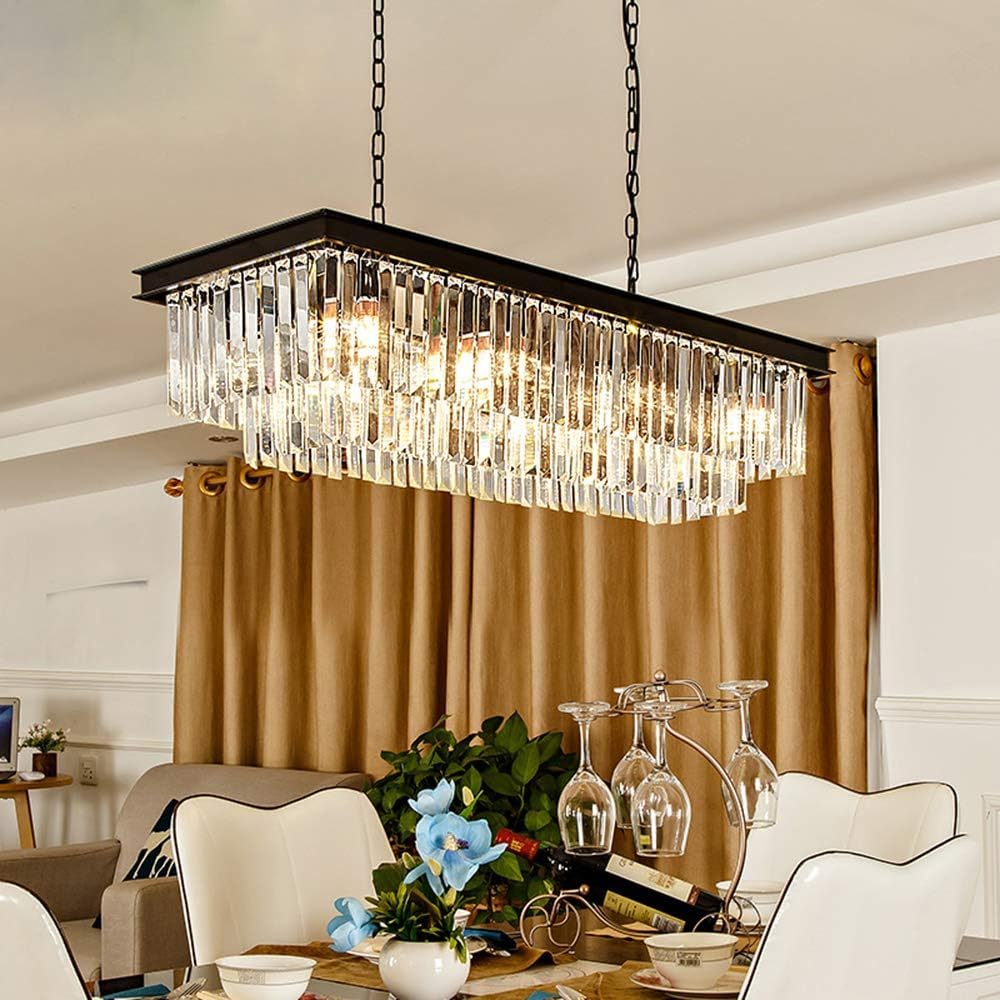 Modern 8-Light Crystal Chandelier Pendant Light Fixture - Rectangular Chrome Ceiling Lamp for Dining Room & Kitchen (33.5 Inch) - Elegant Lighting for Home Decor, Dinner Parties & Special Occasions