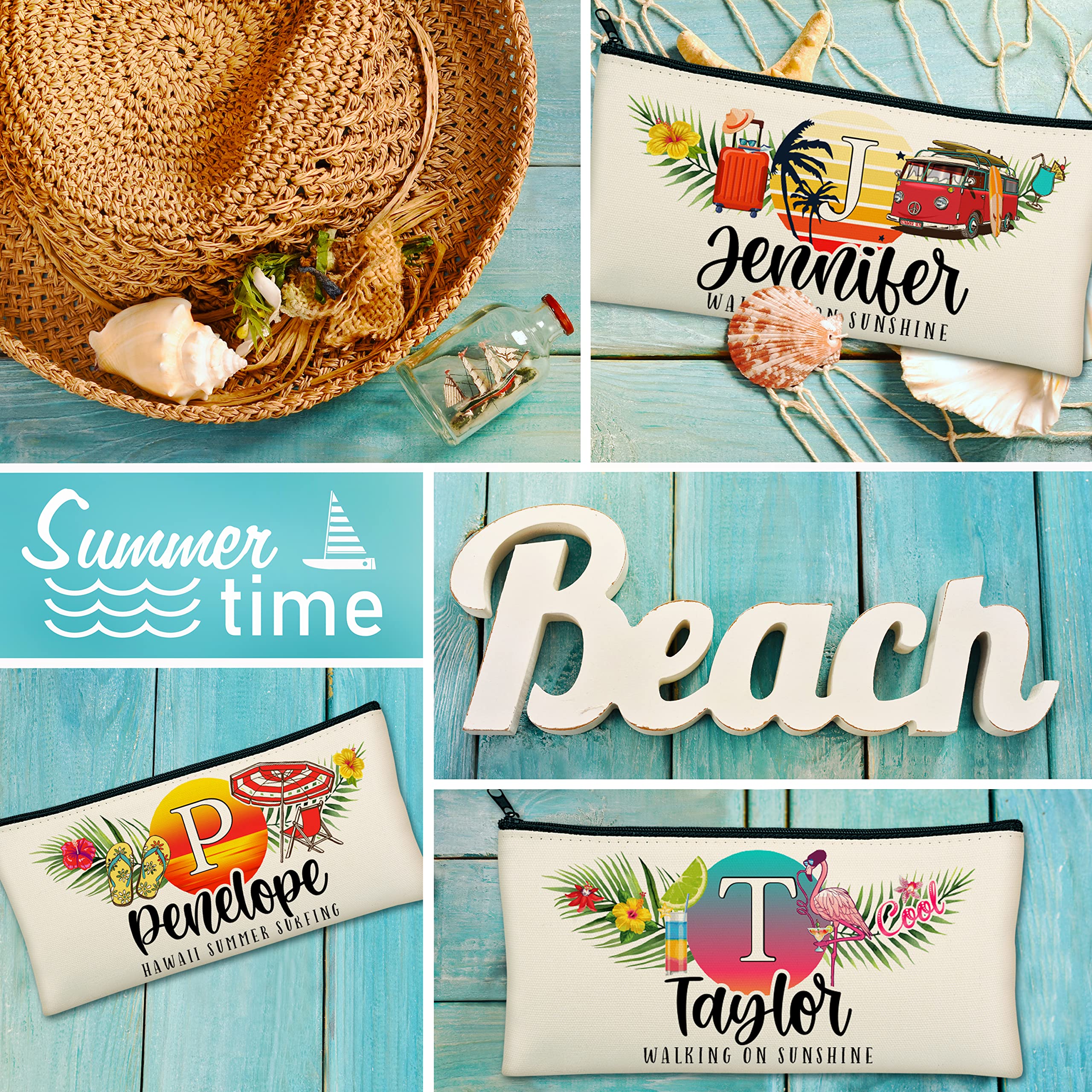 **Personalized Summer Canvas Makeup Bag for Women & Girls - Custom Initial Beach Cosmetic Case, Flamingo Beige Cotton Purse, Holiday Travel Essential (6 Designs) - Perfect for Beach Trips, Vacations & Teen Gifts**