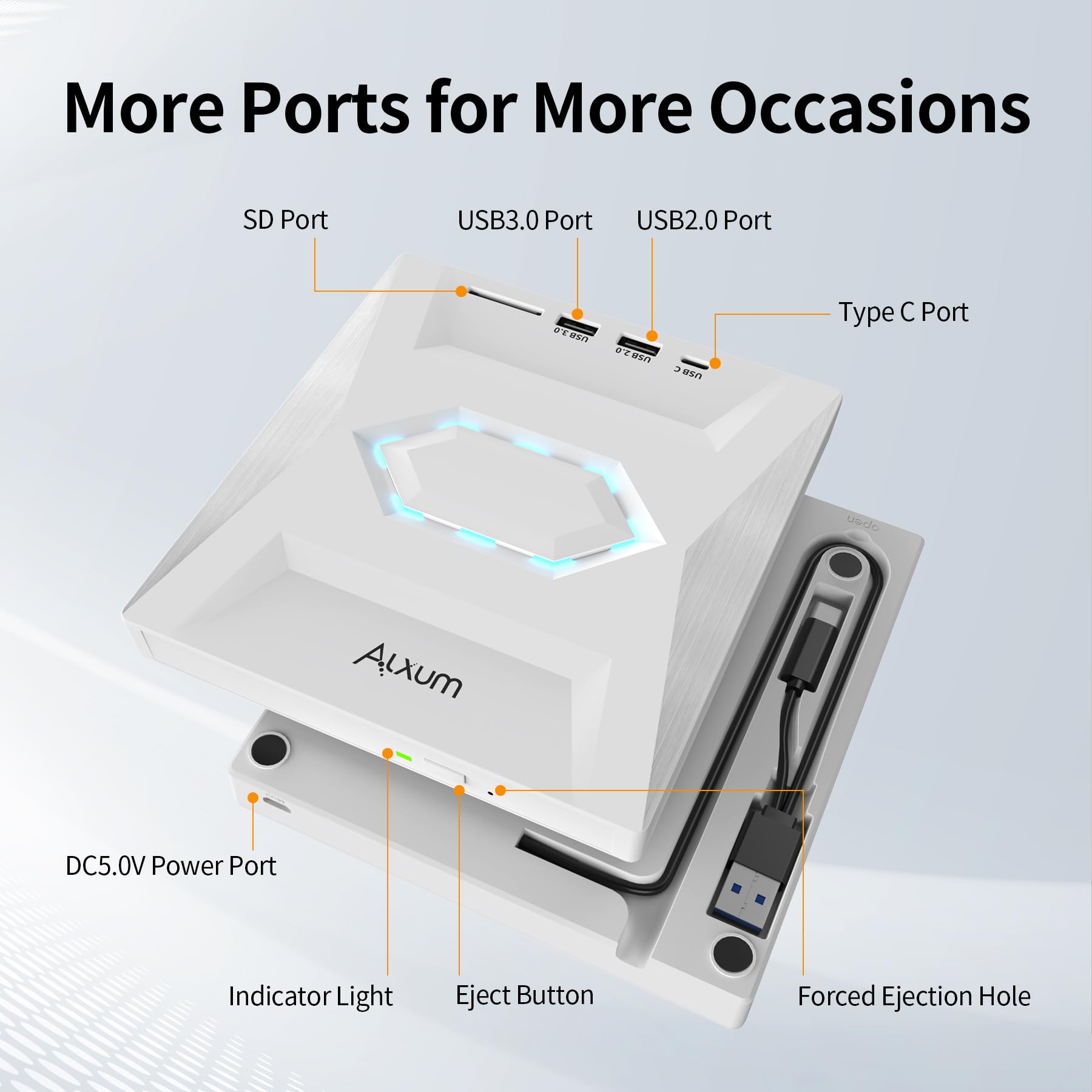 Alxum External USB DVD Drive - USB 3.0 & Type-C CD/DVD Burner with SD Card Slot & Extra USB Ports | 8X DVD & 24X CD Super Fast Speed | Compatible with Laptop, PC, Windows, Mac OS, Linux, Vista | Perfect for Watching Movies, Burning CDs, Data Backup & File Transfer