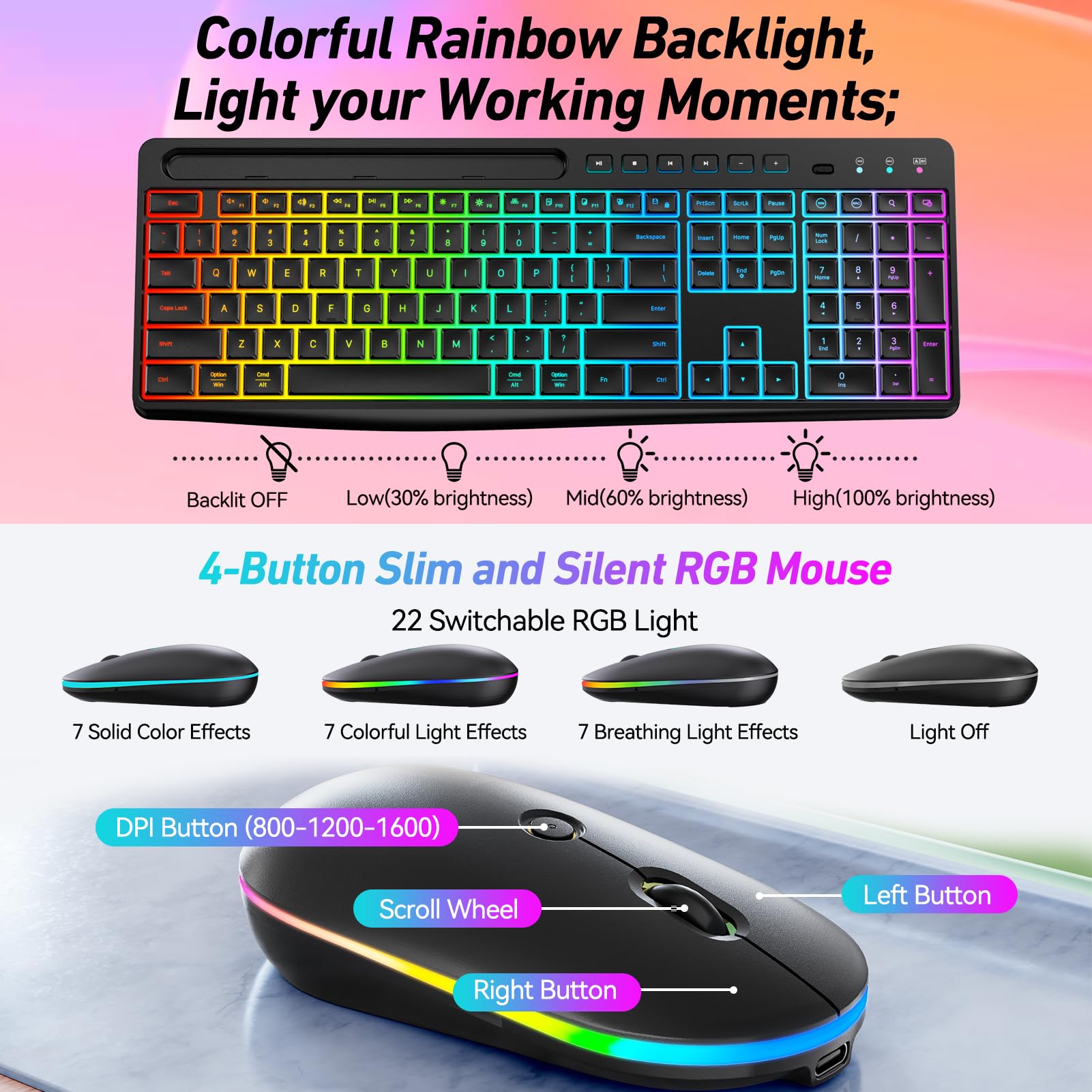 Wireless Keyboard and Mouse Combo with Backlit - 2.4Ghz Rechargeable RGB Backlit Keyboard & Mouse Set with Phone/Tablet Holder, 11 Shortcut Keys, Silent Click for PC, Mac, Windows - Perfect for Office Work, Gaming, and Home Computing