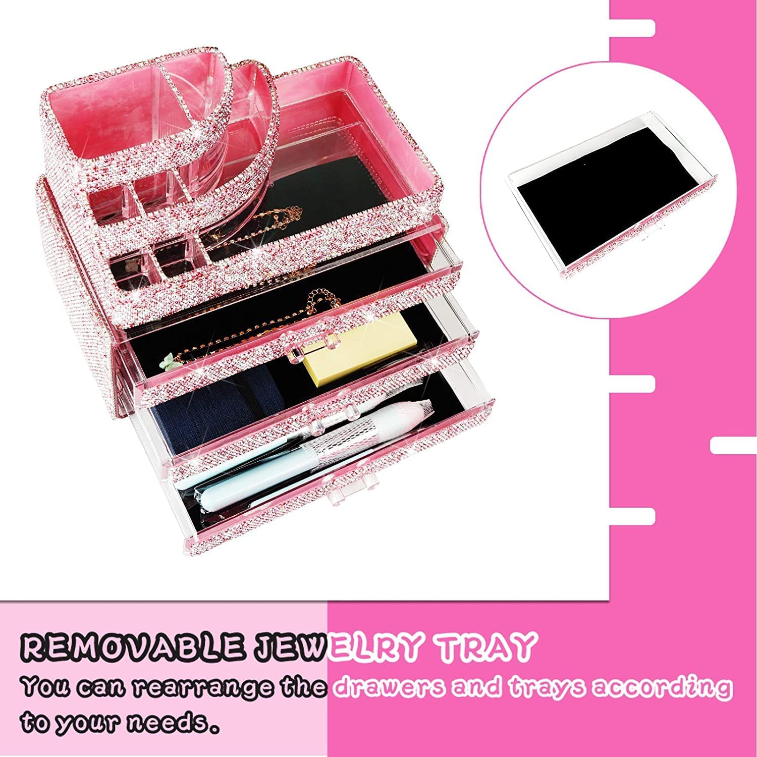 KEYPOWER Makeup Organizer with Jewelry Drawer & Brush Holder - Pink Cosmetic Storage Case for Vanity, Bathroom, and Travel | Perfect for Makeup Artists and Beauty Enthusiasts