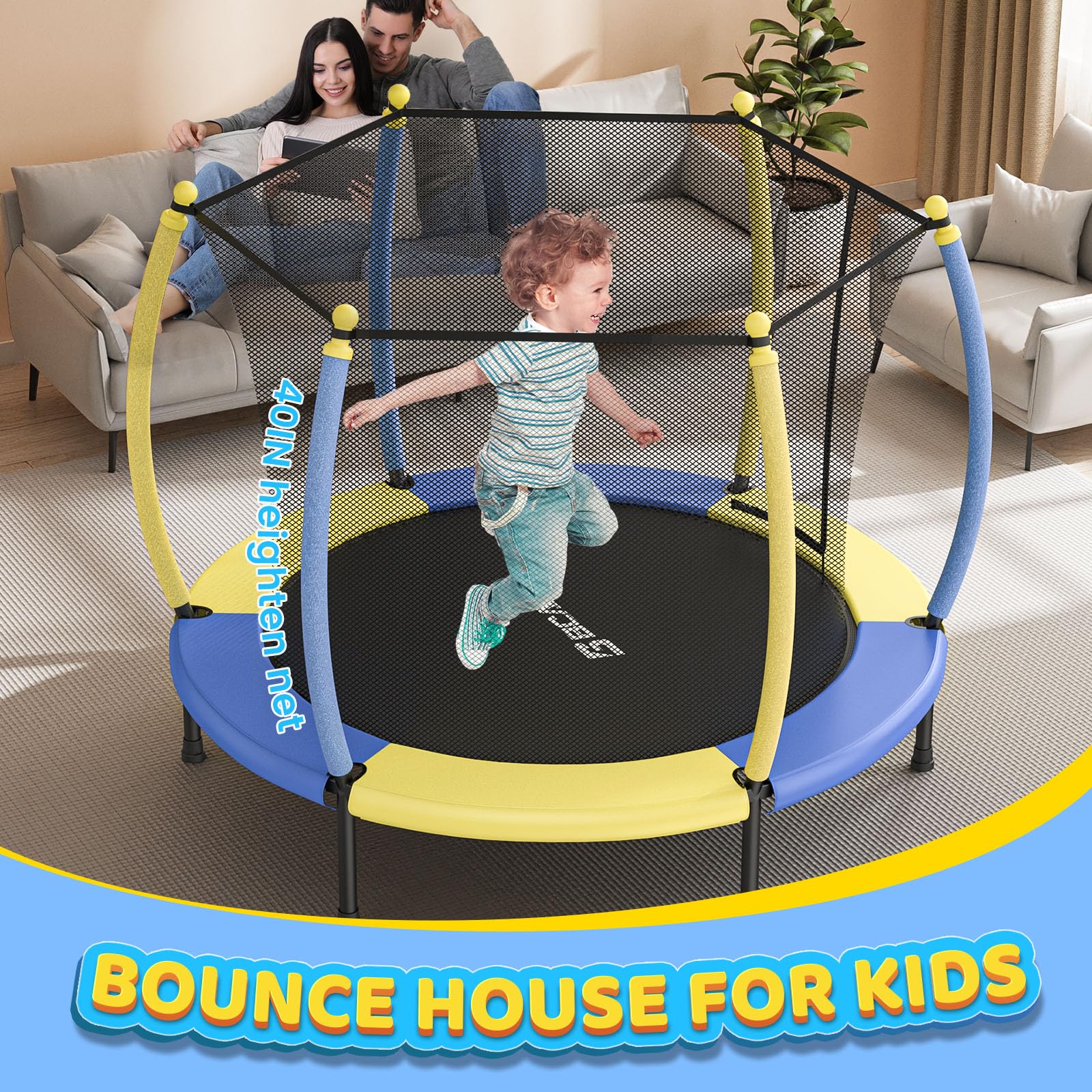 BCAN 5FT Kids Trampoline with Safety Enclosure Net - Adjustable Gymnastics Bars & Basketball Hoop for Ages 1-8 | Indoor/Outdoor Mini Trampoline with Foam Handle | Perfect Birthday Gift for Toddlers Boys & Girls | Backyard Play, Exercise & Family Fun Activity