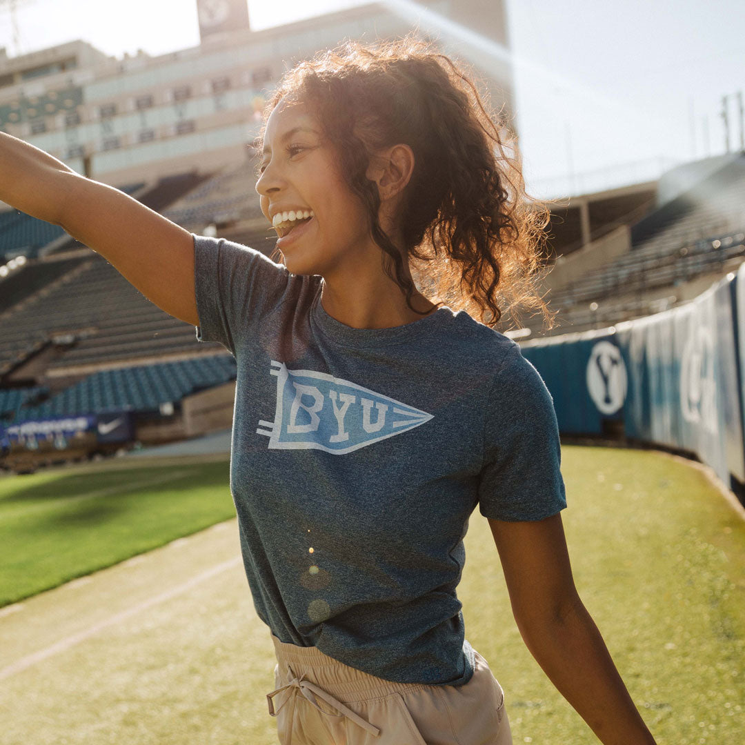 BYU Boyfriend T-Shirt - Navy Blue Tilted Flag Design - Comfortable Casual Wear for College, Game Day & Everyday Outfits
