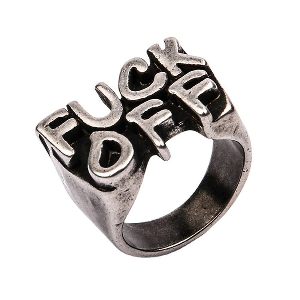 PAMTIER Men's Stainless Steel Fuck Off Middle Finger Ring - Punk Rock Jewelry with Cool Letter Design - Perfect for Gothic Fashion, Rock Concerts & Rebellious Style