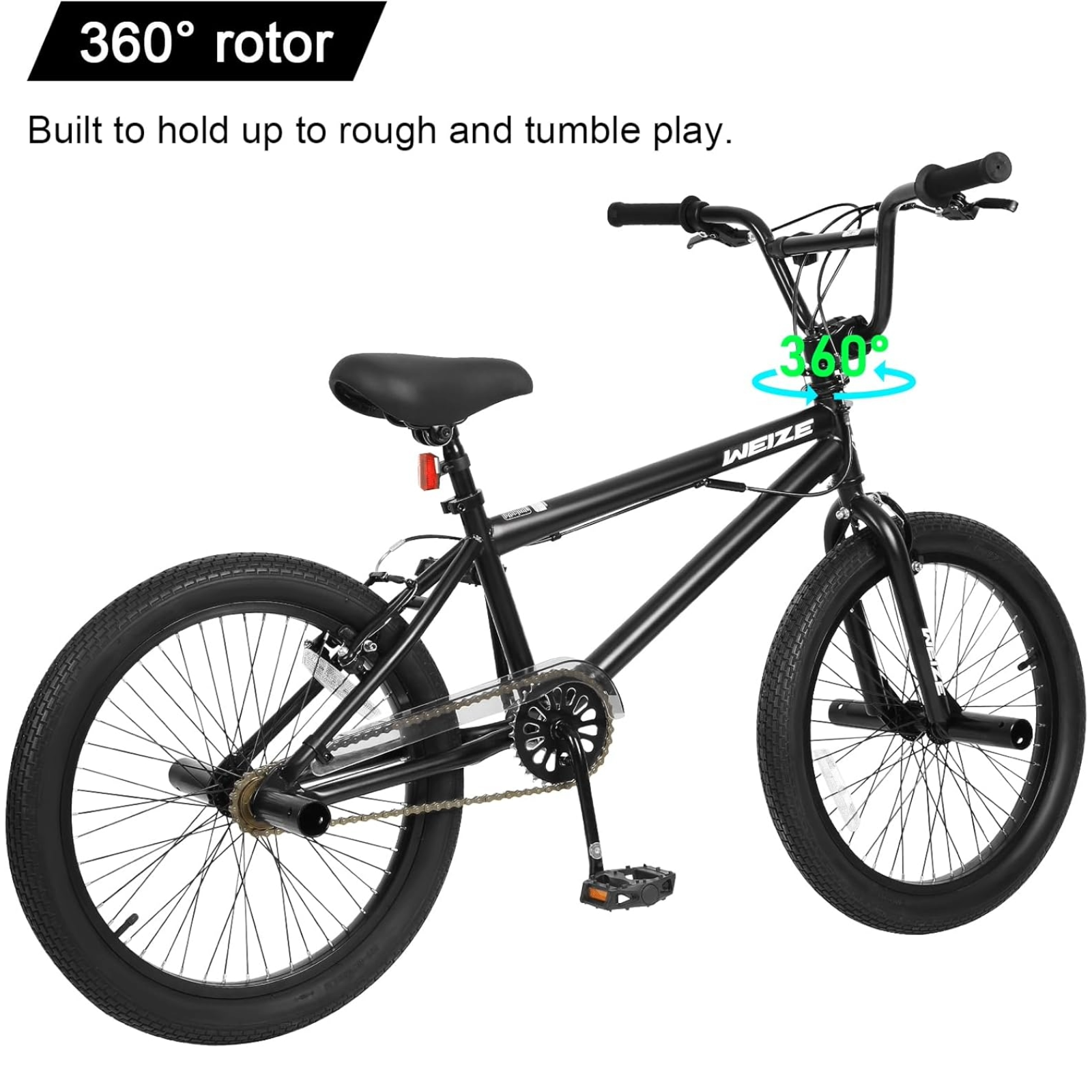 WEIZE 20 Inch Freestyle BMX Bike for Kids & Adults - Hi-Ten Steel Frame, 360° Rotor, 4 Pegs Single Speed Trick Bicycle - Perfect for Beginners to Advanced Riders - Great for Street Riding, Skate Parks & BMX Stunts
