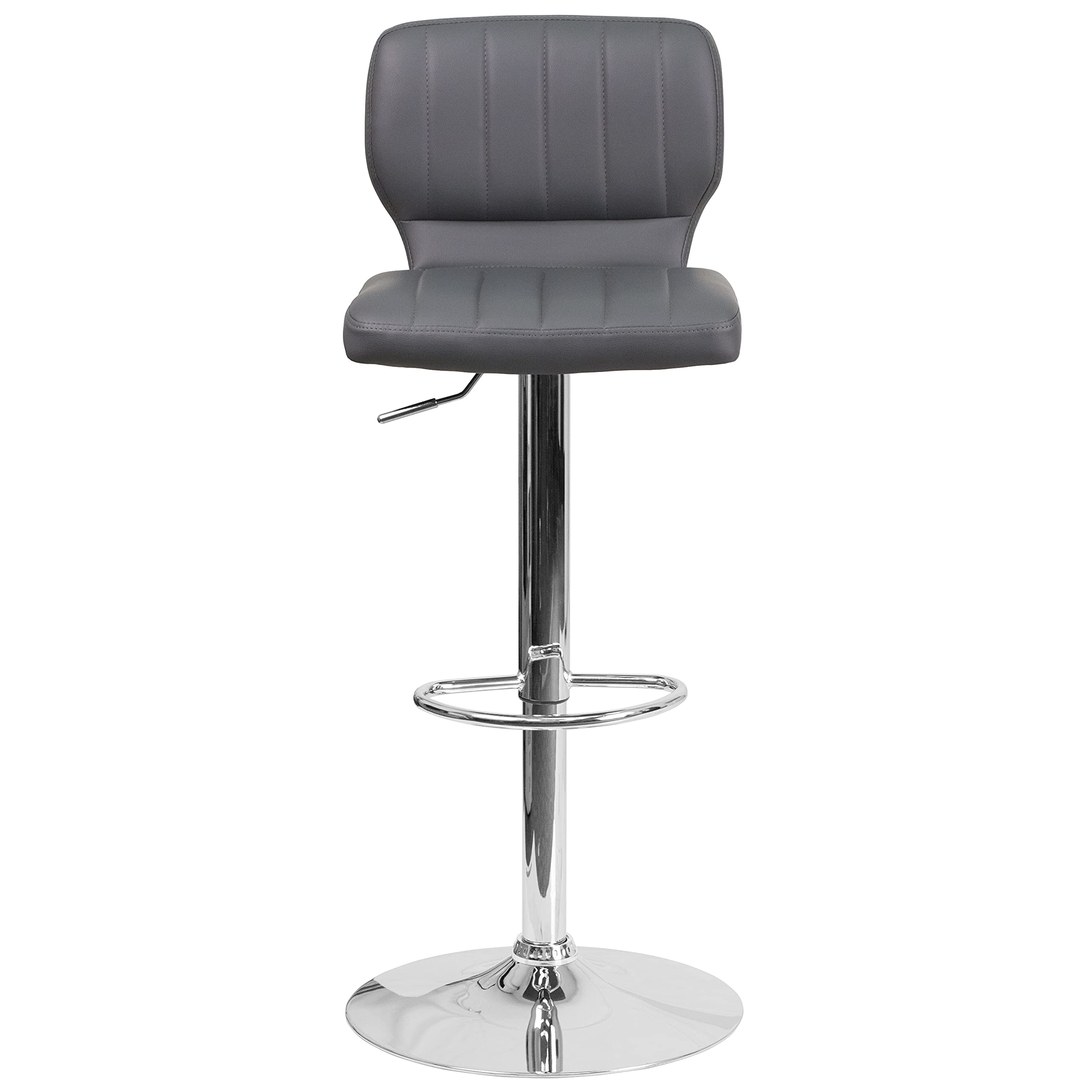 EMMA + OLIVER Adjustable Height Bar Stool with Vinyl Upholstery & Vertical Stitch Back - Gray Modern Kitchen Counter Stool for Dining, Bar, or Breakfast Nook