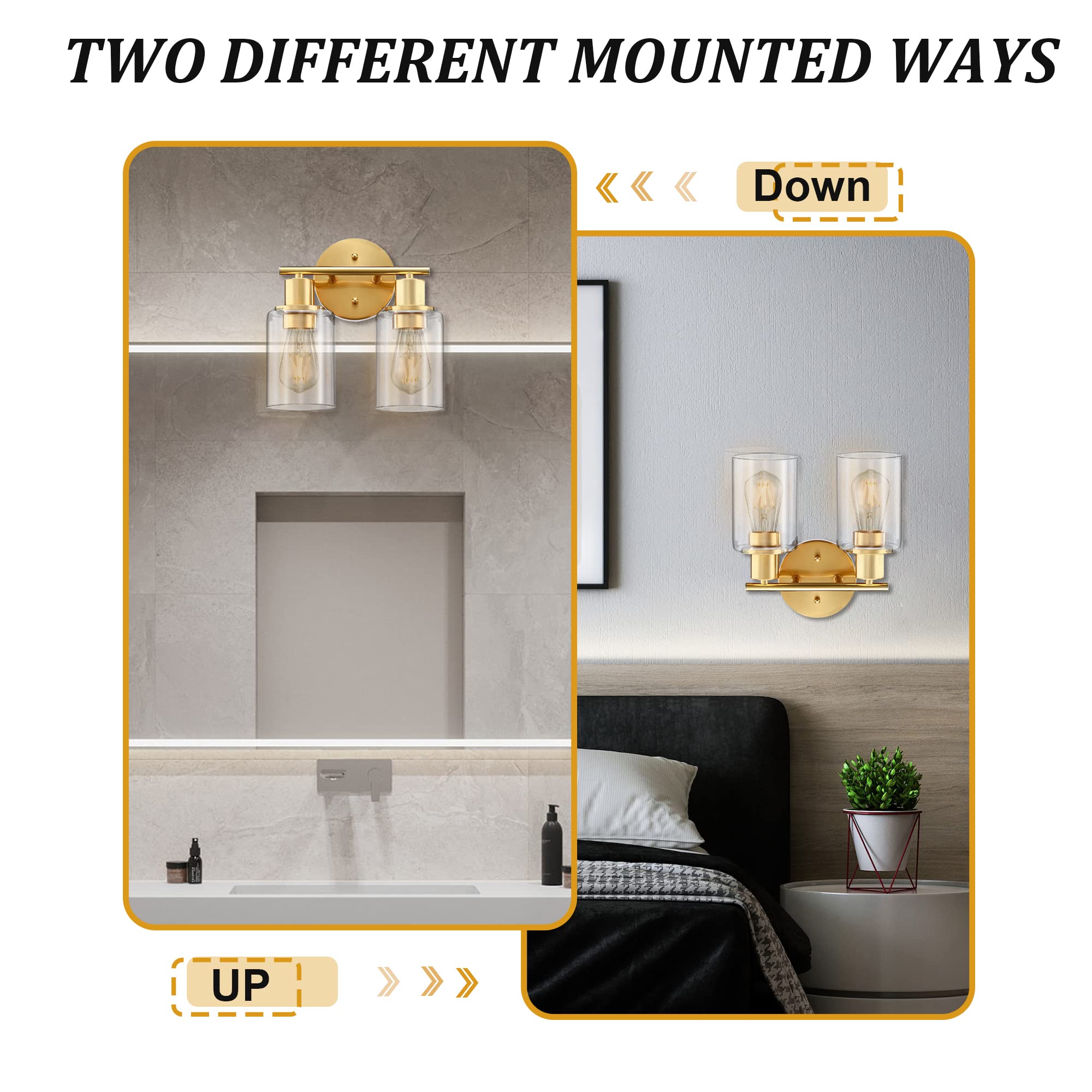 2-Light Gold Bathroom Vanity Light Fixture with Clear Glass Shades - Wall Sconce for Mirror Lighting in Bathroom, Bedroom, Living Room & Hallway | Modern Vanity Lighting for Home Decor