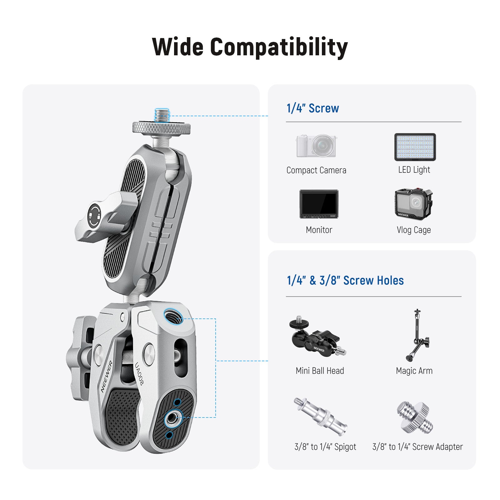 NEEWER UA008 Super Clamp with 3 Dual Ballhead Magic Arm - Heavy Duty Camera Mount for DSLR, Video, Lighting Equipment - Perfect for Photography, Videography, and Studio Setups