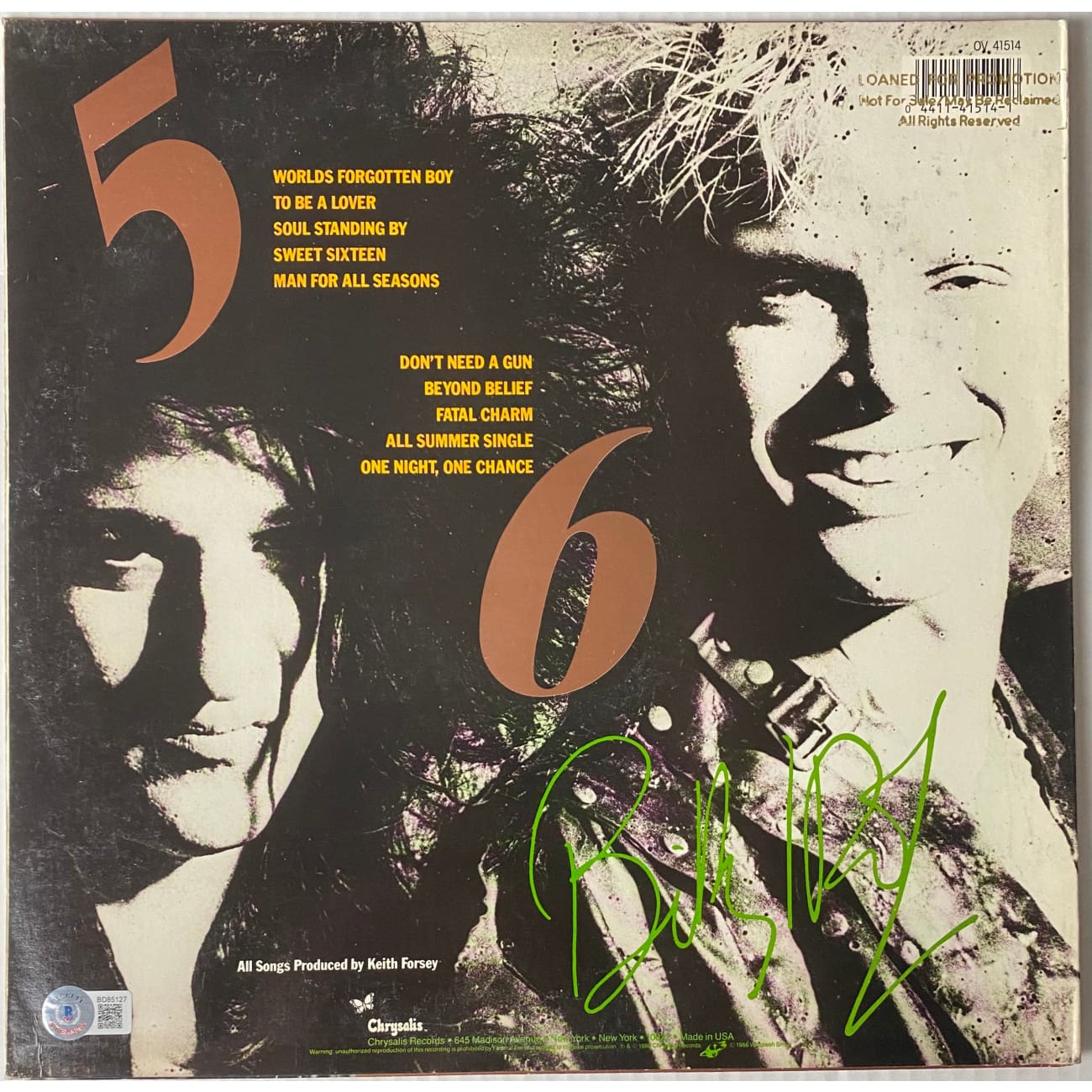 Authentic Billy Idol Whiplash Smile Promo LP Signed by Idol with BAS COA - Rare Collectible Vinyl Record for Music Enthusiasts & Memorabilia Collectors