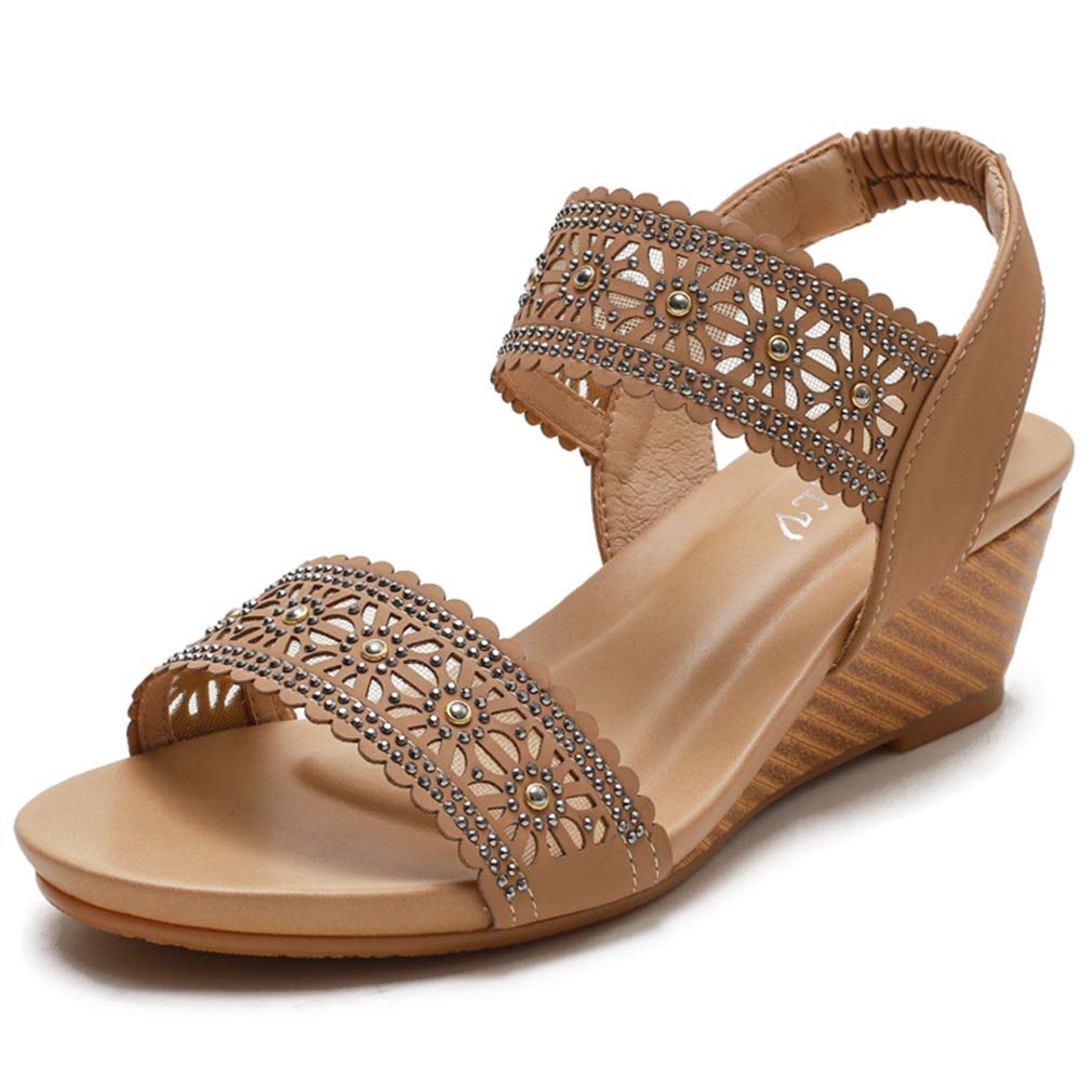 Catarry Women's Rhinestone Hollow Out Wedge Sandals - Bohemian Retro Roman Style Dress Sandals for Summer Beach Wedding & Party Occasions