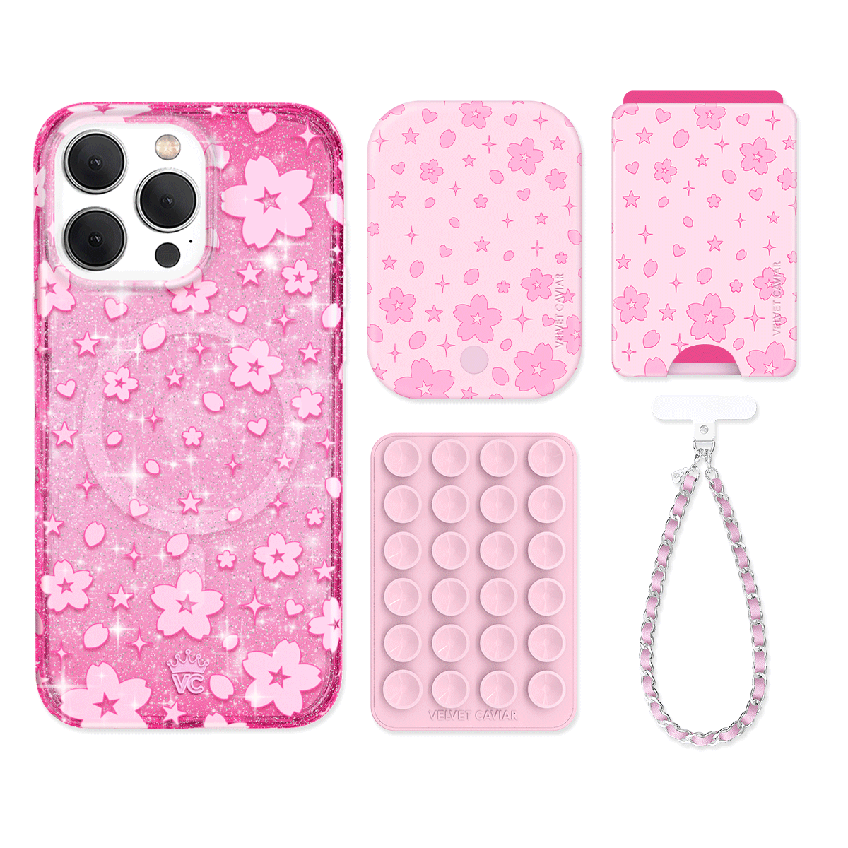 Cherry Blossom Glitter iPhone Case with Wallet - Cute Floral Phone Cover & Card Holder for Women - Perfect for Spring Outfits, Travel, and Everyday Use