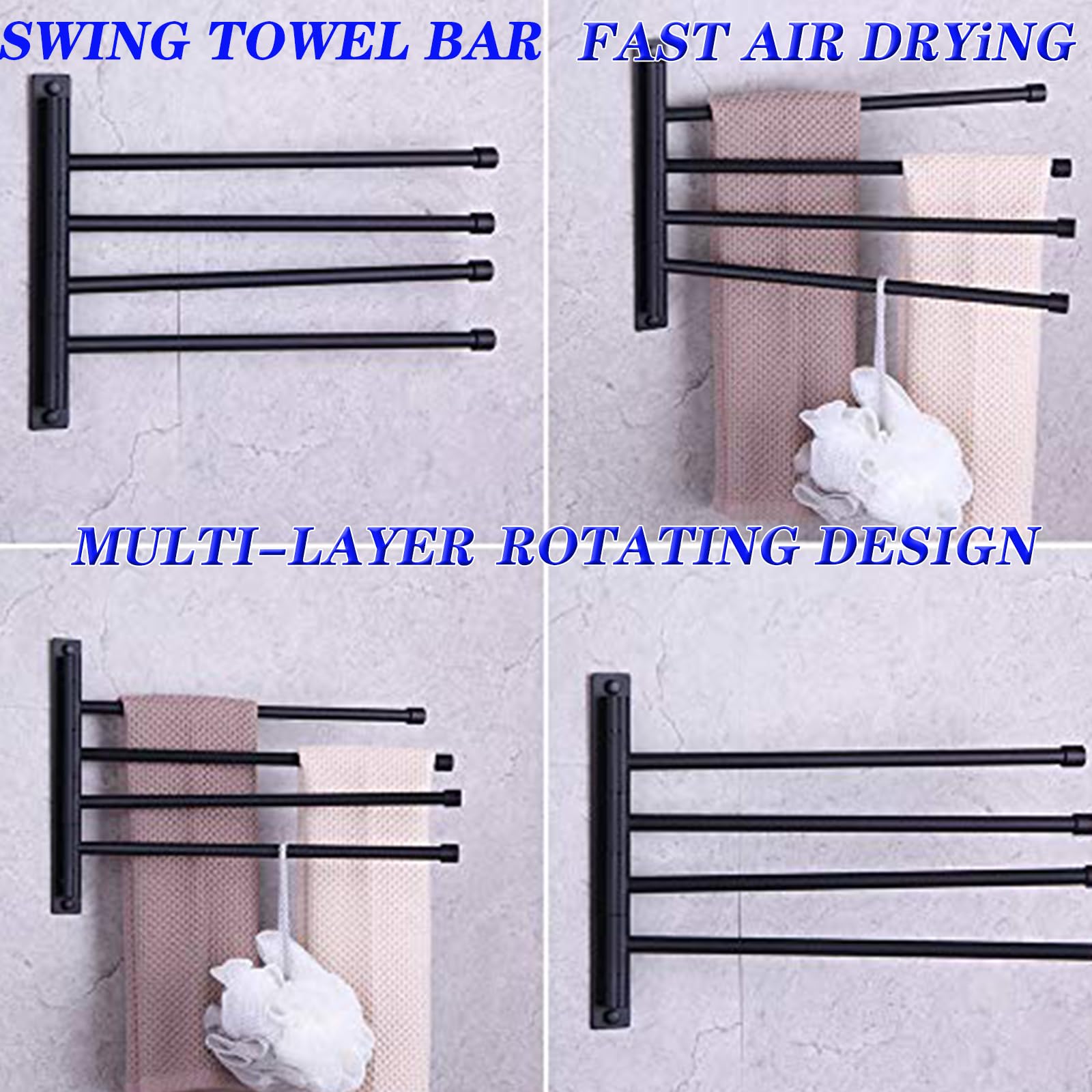GERZWY 4-Arm Swivel Towel Bar - 304 Stainless Steel Bathroom Swing Hanger, Space Saving Wall Mount Towel Rack Holder & Storage Organizer in Matte Black (HYG04-BK) - Perfect for Small Bathrooms, Laundry Rooms & Spa Areas