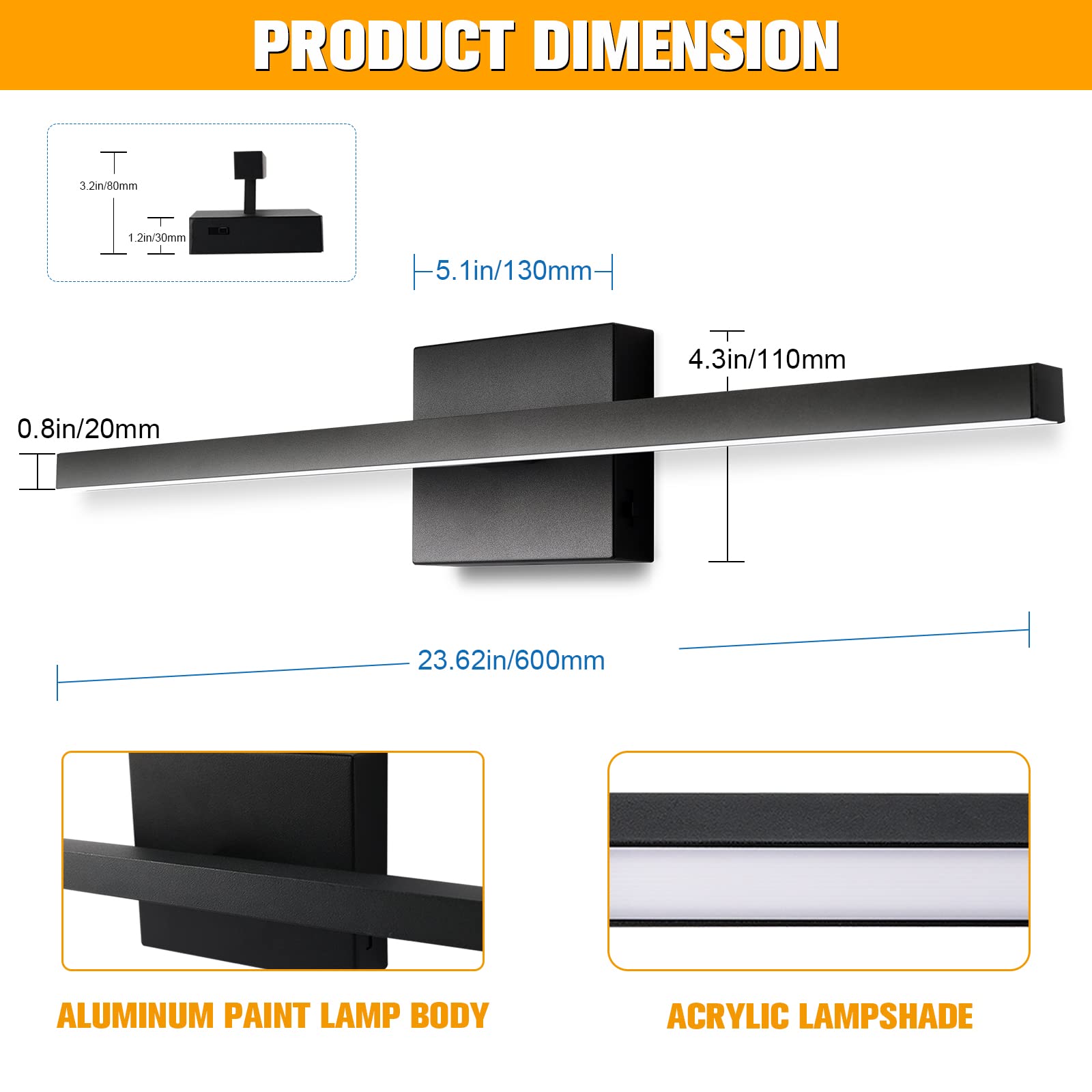 NIORSUN 23.6 Inch Modern Black Bathroom Vanity Light - 14W 5CCT Dimmable LED Mirror Light Fixture, ETL Certified for Bathroom, Restroom & Powder Room - Perfect for Makeup, Shaving & Grooming