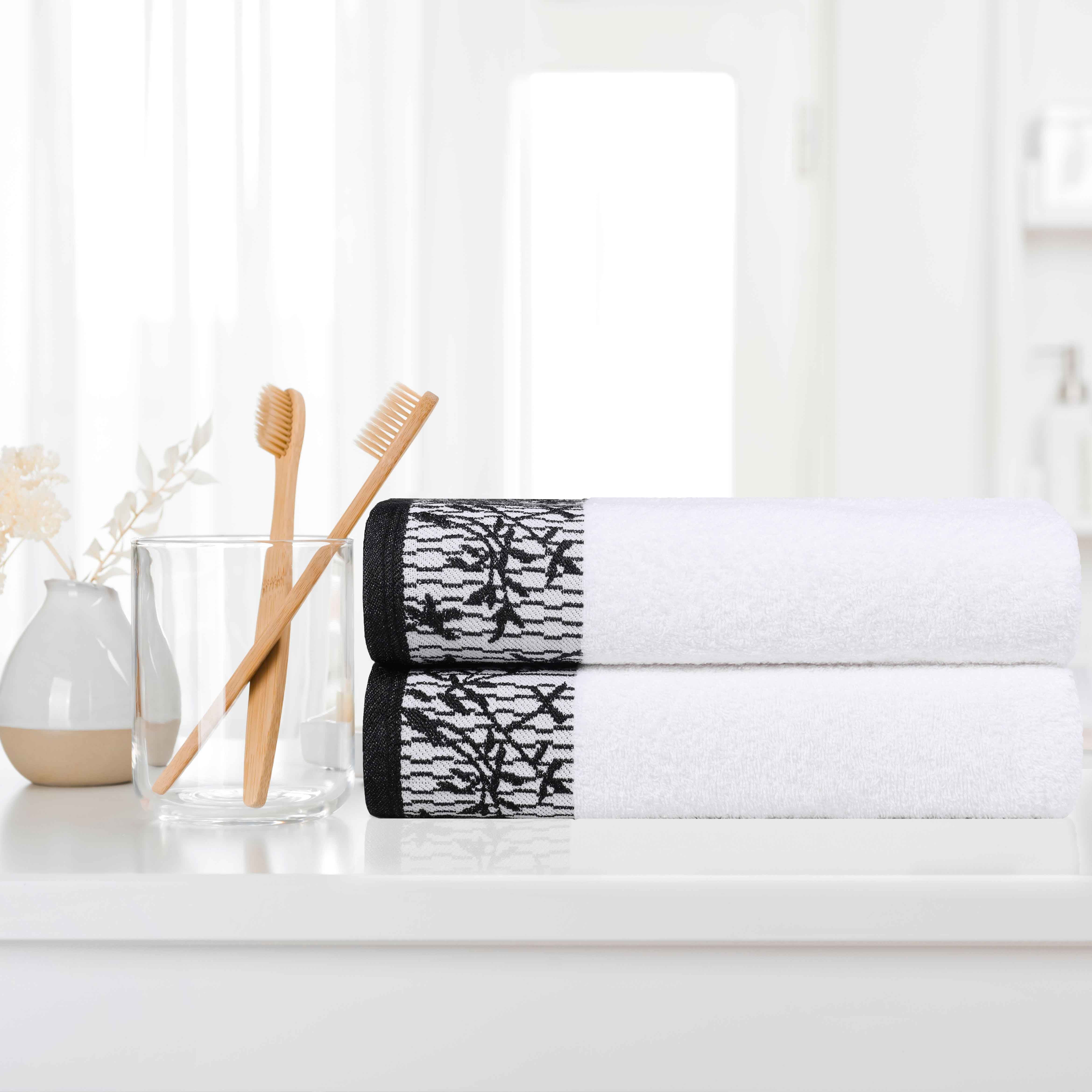 Premium Wisteria Cotton Floral Embroidered Jacquard Border Bath Towel Set of 2 - Soft Absorbent Luxury Towels for Spa, Bathroom & Guest Use
