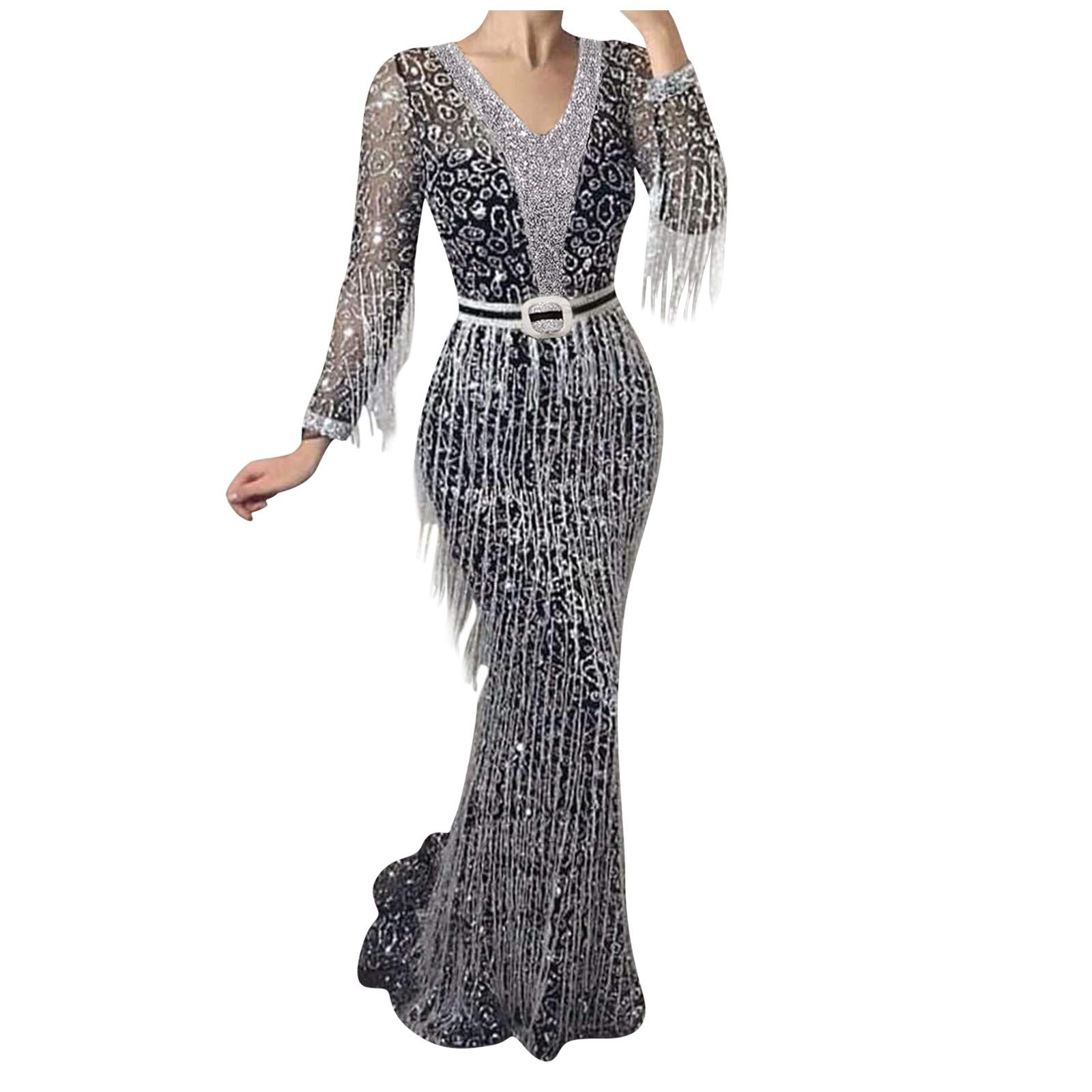 MOMKER Women's Black Sequin Fringe Long Sleeve Party Dress - Elegant Evening Gown for Holiday Parties, Cocktail Events & Special Occasions