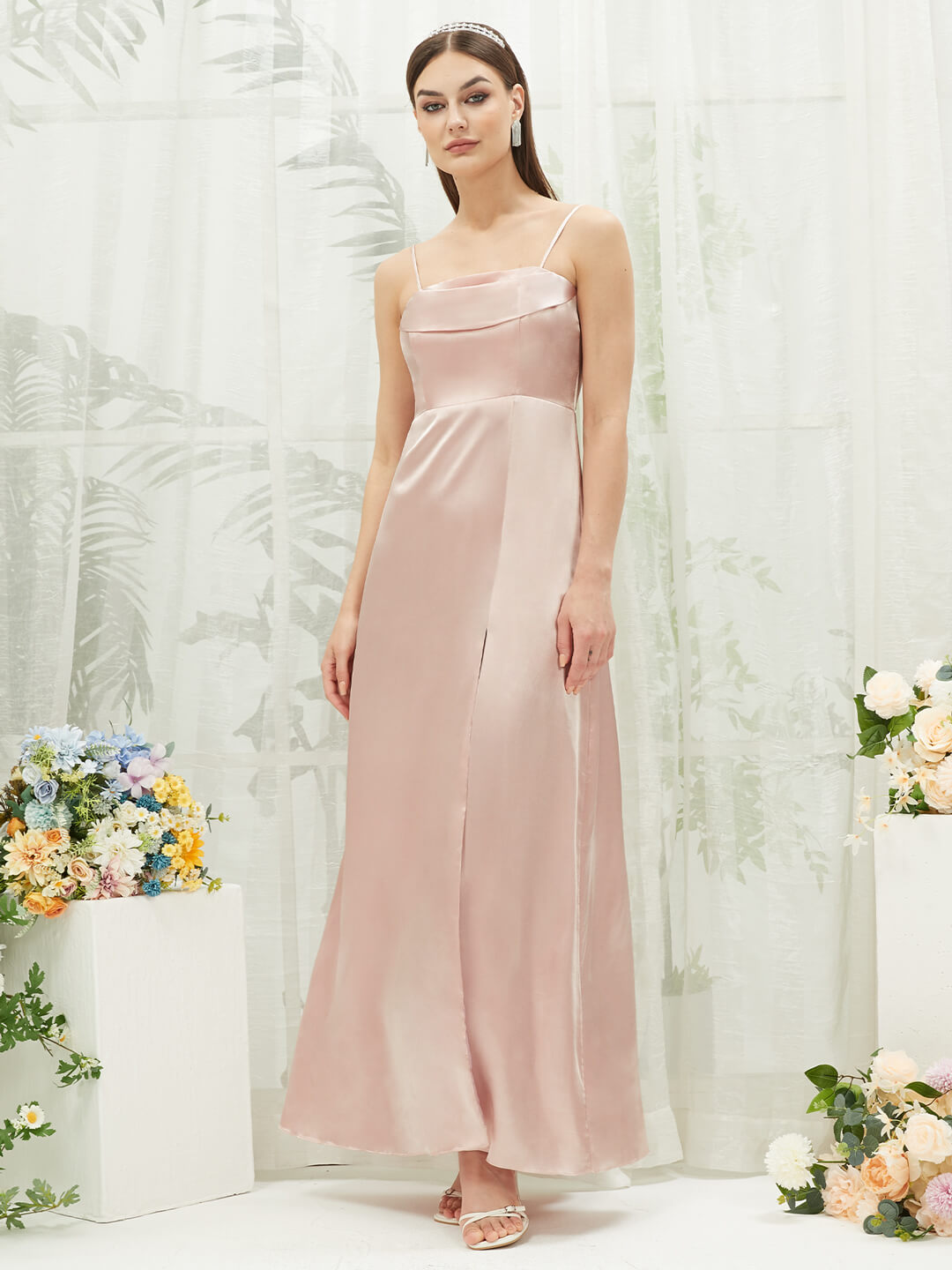 Elegant Blush Satin Convertible Bridesmaid Dress with High Slit & Floor Length - Perfect for Weddings, Prom, Formal Events & Special Occasions