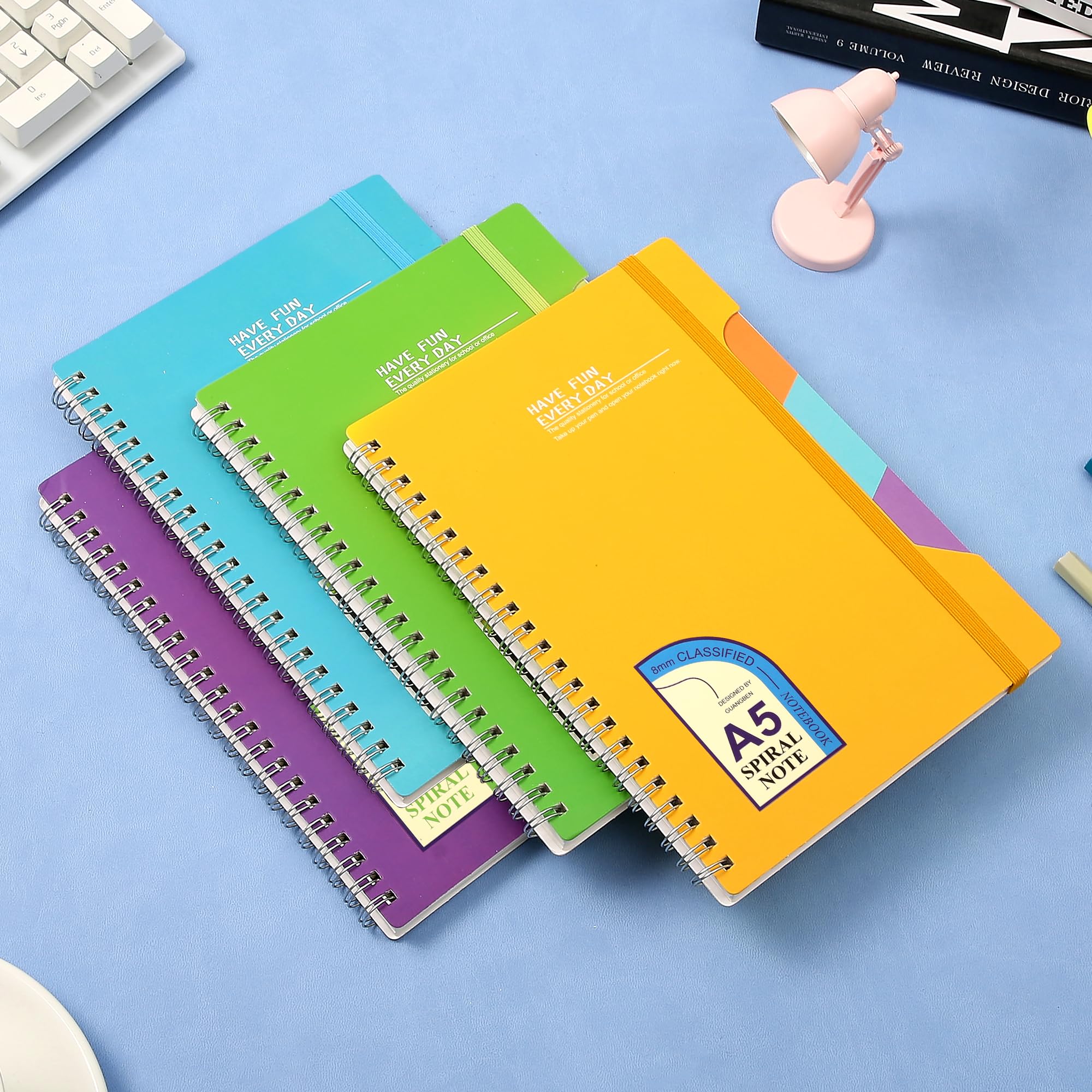 CAGIE 5x7 Spiral Notebook 4-Pack - College Ruled Lined Notebooks for School, Office & Journaling - 320 Sheets Total - 4 Subject Hardcover Small Notebook with 8 Multicolor Stickers (Yellow, Green, Blue, Purple) - Perfect for Students, Professionals & Creative Writing