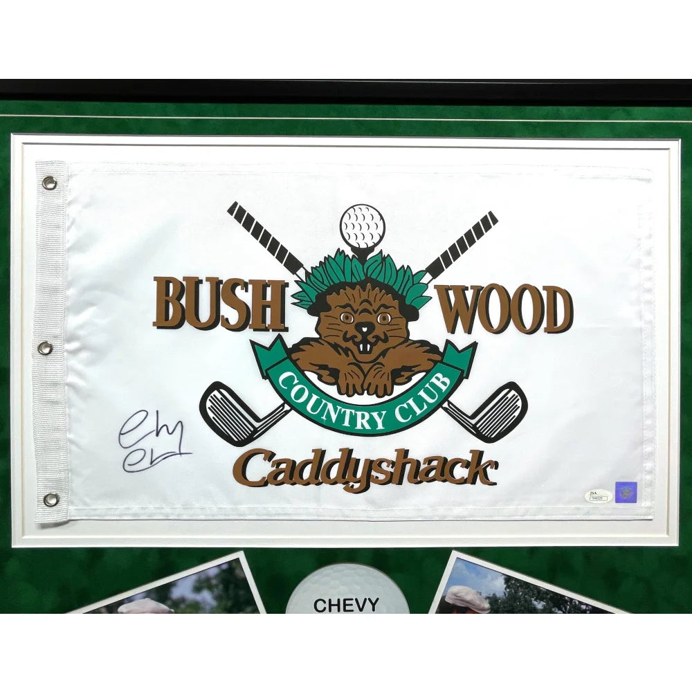 Chevy Chase Autographed Caddyshack Movie Memorabilia - Signed Flag Frame Collage with COA & Bushwood Pin - Perfect for Golf Fans & Movie Collectors - Home Theater Decor, Man Cave Gift, Sports Bar Display