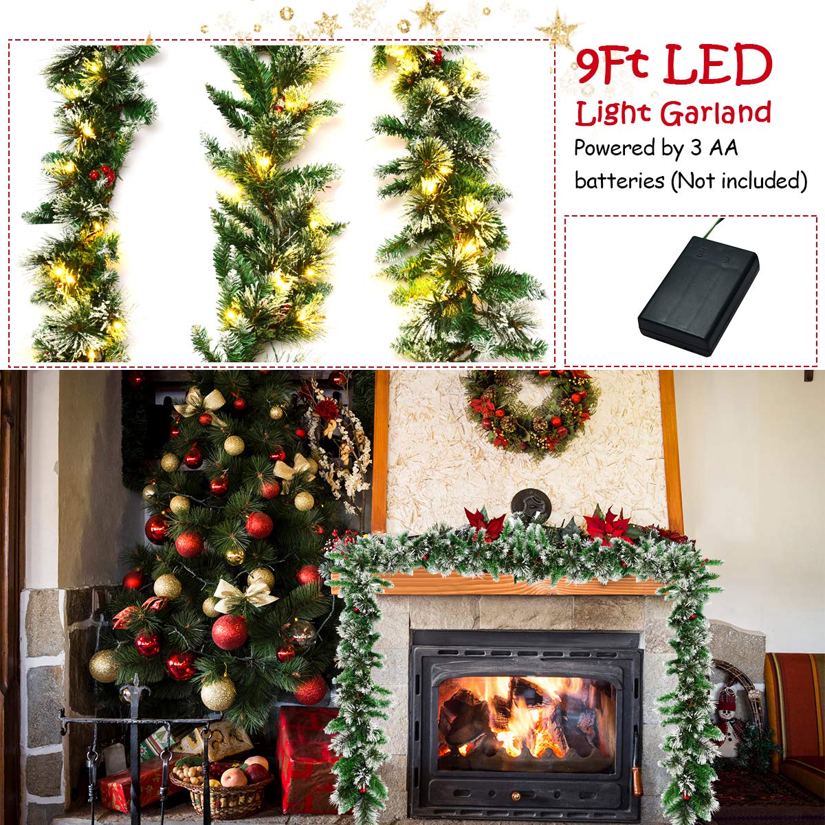 Goplus 9FT Pre-lit Artificial Christmas Garland with 50 LED Lights & Red Berries - Pine Rattan Holiday Decor with Timer for Christmas Tree, Mantel, Staircase, Wedding & Party Decorations