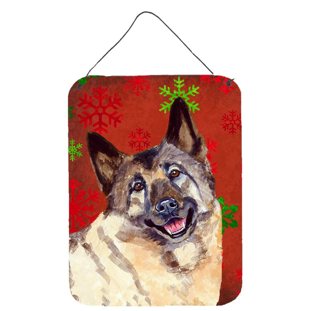 Norwegian Elkhound Red & Green Snowflakes Christmas Metal Wall Decor - Holiday Aluminum Sign for Kitchen, Bathroom, Bar & Front Door - Perfect for Festive Home & Office Decorations