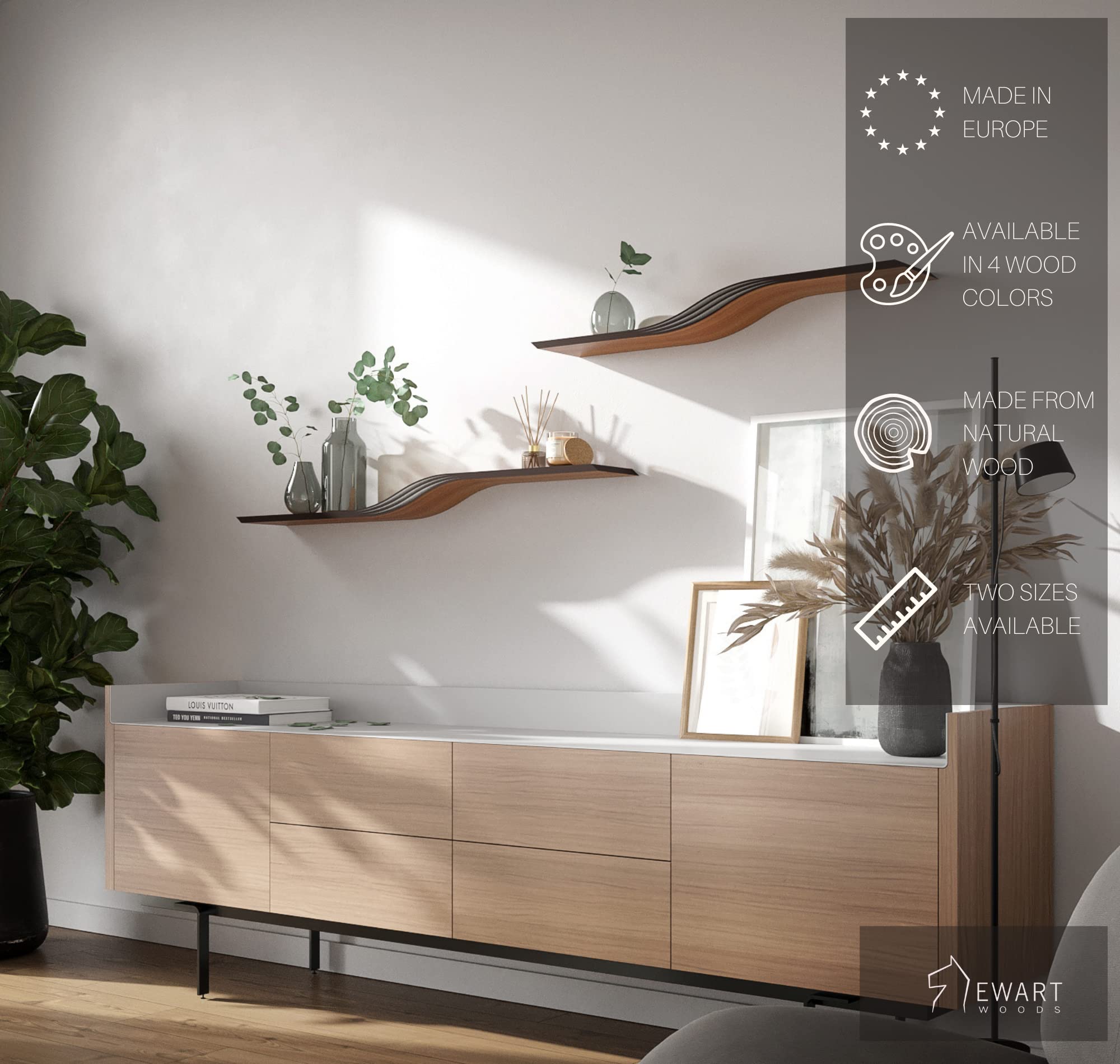 EWART WOODS 48 Inch Floating Wall Shelf - Natural Walnut Wood Hanging Bookshelf with Unique Curved Design for Living Room, Office, Bedroom - Perfect for Displaying Books, Decor & Plants