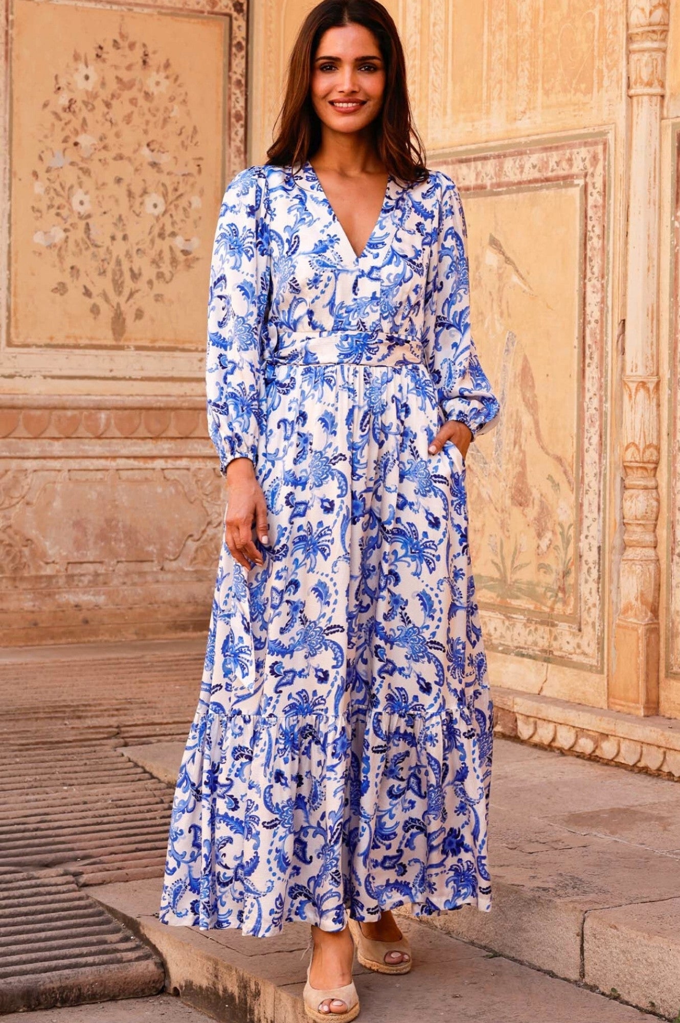 Annie Hammered Satin Maxi Dress for Women - Elegant Cream & Blue Flowy Long Dress for Evening Parties, Weddings & Special Occasions