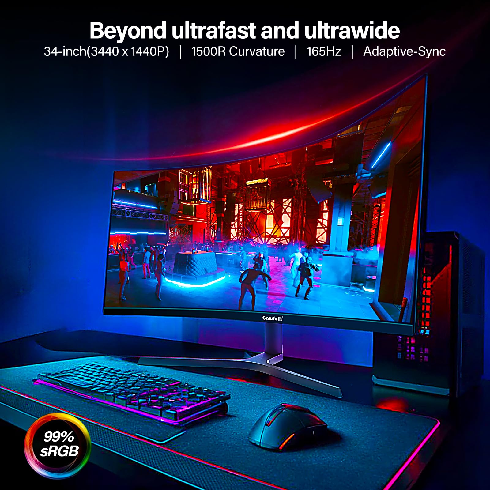 34 Inch Curved Gaming Monitor - 1500R Ultrawide PC Screen, 165Hz/144Hz Refresh Rate, Height Adjustable Stand, AMD FreeSync, HDMI & DP Ports, VESA 75x75mm Wall Mount (No Built-in Speakers) - Perfect for Immersive Gaming, Streaming & Office Work