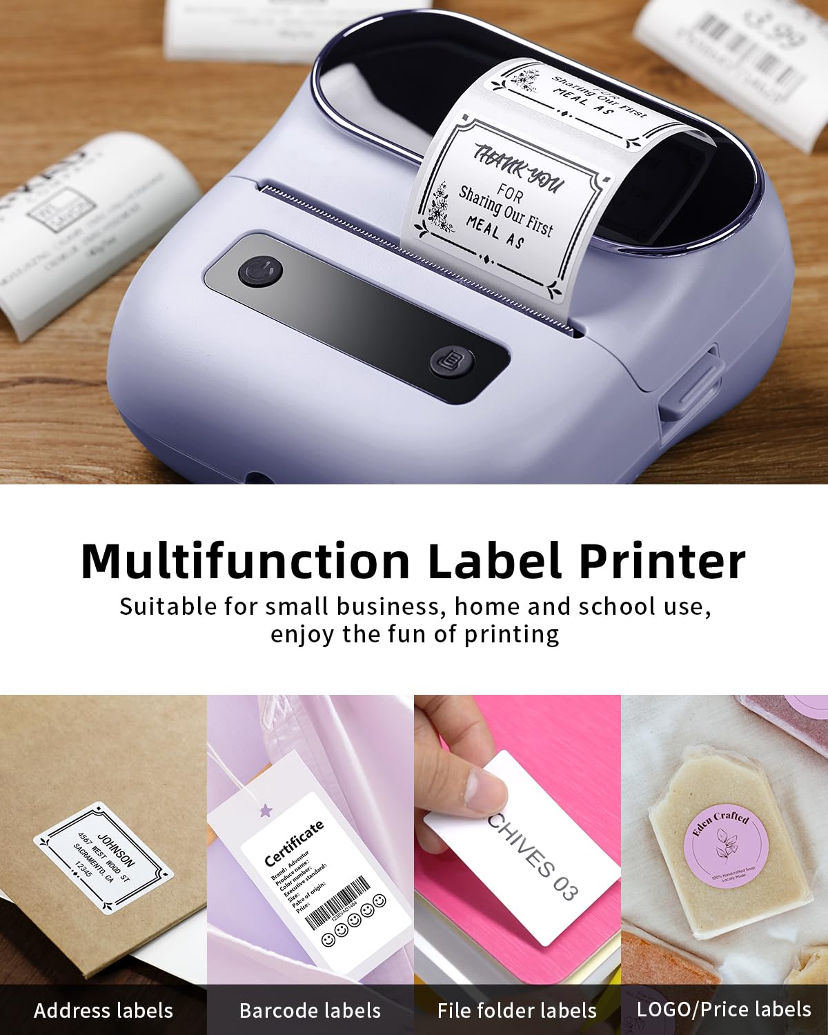 Phomemo M220 Bluetooth Thermal Label Printer - Wireless Barcode, Address & Mailing Label Maker for Home, Small Business & Clothing Stores | Portable Purple Label Machine with 1 Roll Included | Perfect for Shipping, Inventory & Organization