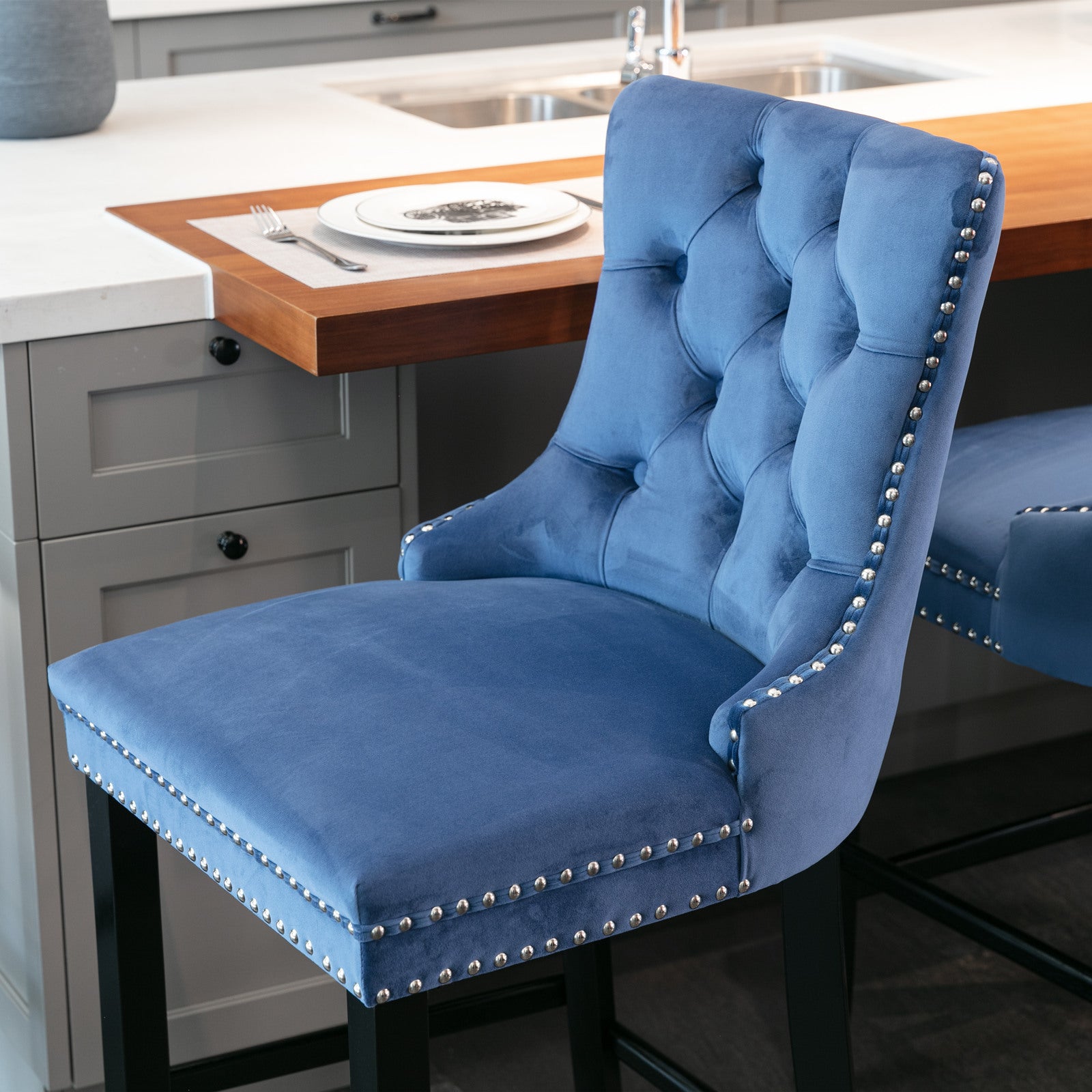 Modern Velvet Upholstered Bar Stools with Button Tufted Back & Wooden Legs - Chrome Nailhead Trim Accent - Set of 2 Blue Bar Chairs (SW2002BL) for Kitchen Island, Breakfast Nook & Home Bar Decor