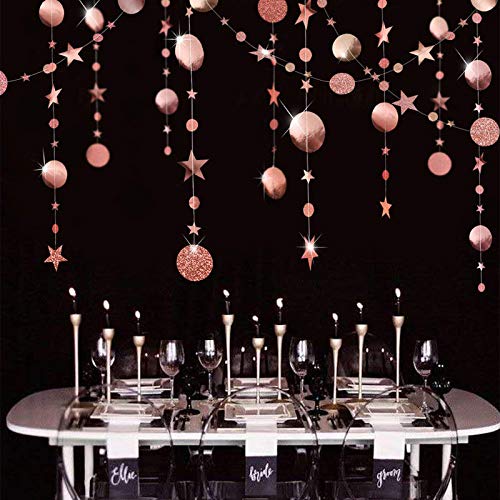 Rose Gold Glitter Garland with Circle Dots & Stars - Wedding, Bridal Shower, Baby Shower Party Decorations Kit | Elegant Backdrop & Photo Booth Background Supplies for Girls' Birthday & Special Events