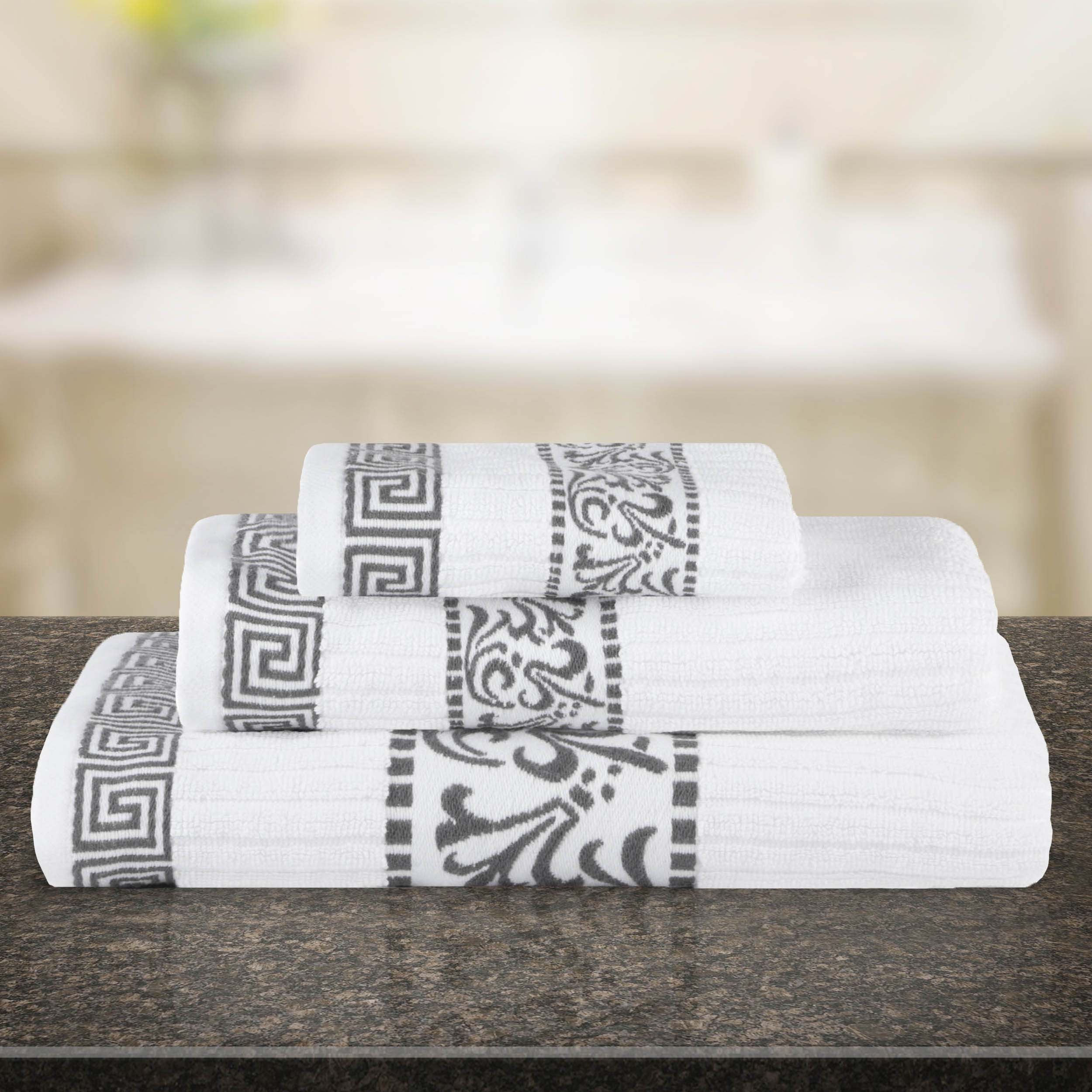 Premium Athens Cotton Greek Scroll & Floral 3-Piece Bath Towel Set - Soft Absorbent Luxury Towels for Spa, Bathroom & Guest Use