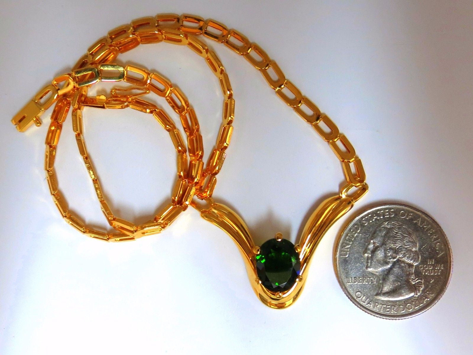 3.70 Carat Natural Lush Green Chrome Diopside Pendant Necklace in 14K Gold V-Shape Design - Perfect for Evening Gowns, Formal Events & Special Occasions