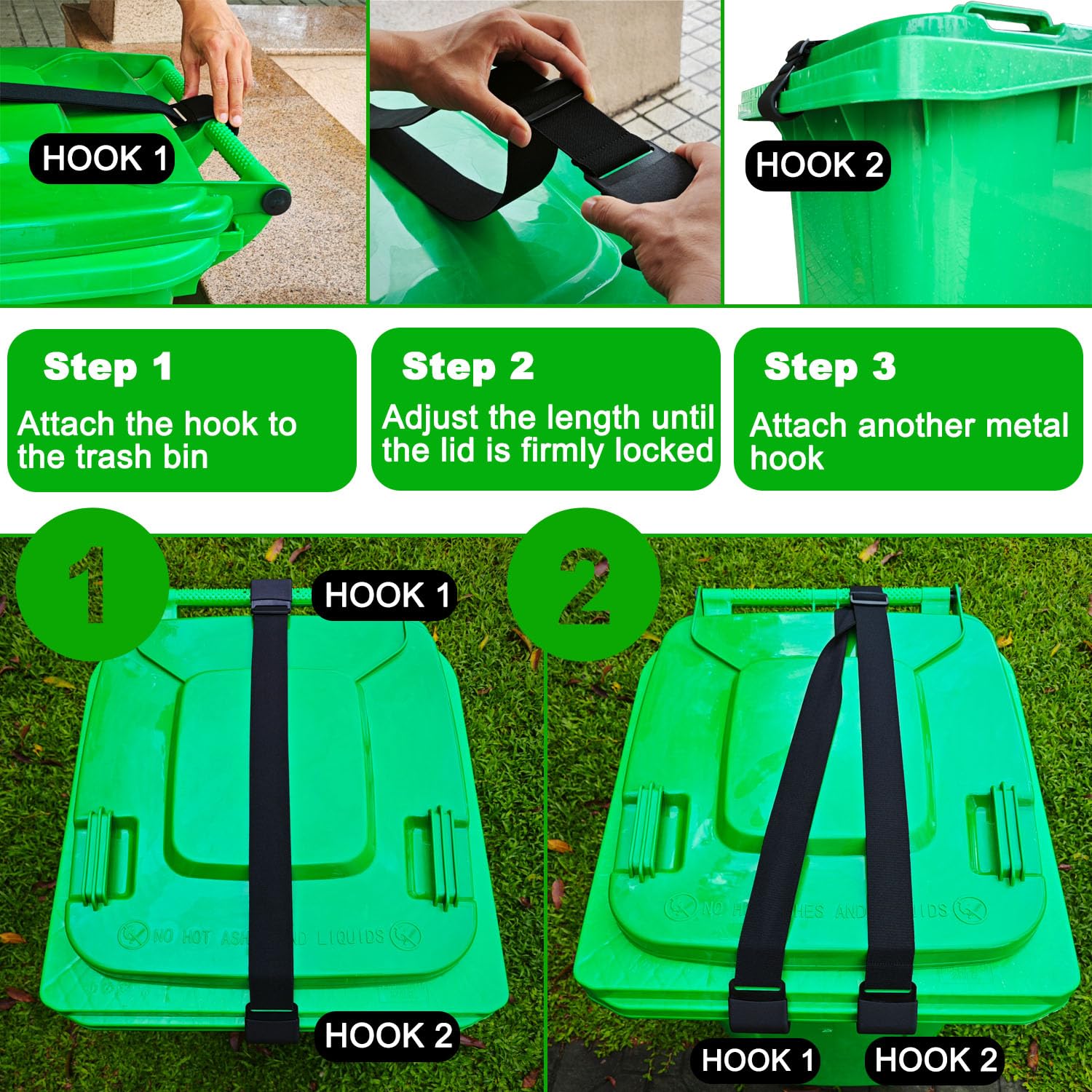Universal Adjustable Metal Double Claw Trash Can Lock Strap 4PCS - Secure Garbage Bin Lid Lock for Raccoons & Animals - Heavy Duty Bungee Cord Belt for Outdoor Trash Cans - Perfect for Backyard, Camping & Wildlife Areas