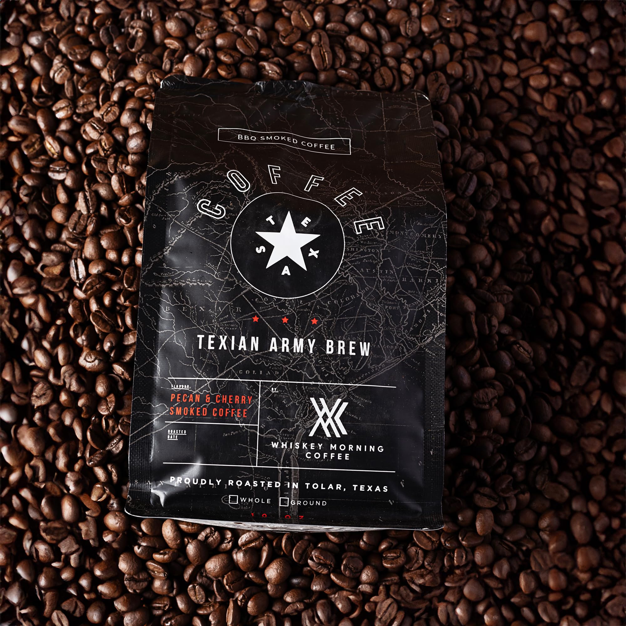 Pecan & Cherry BBQ Smoked Coffee Beans - Fire Roasted Texian Army Brew Whole Bean Coffee for Camping & Outdoor Adventures